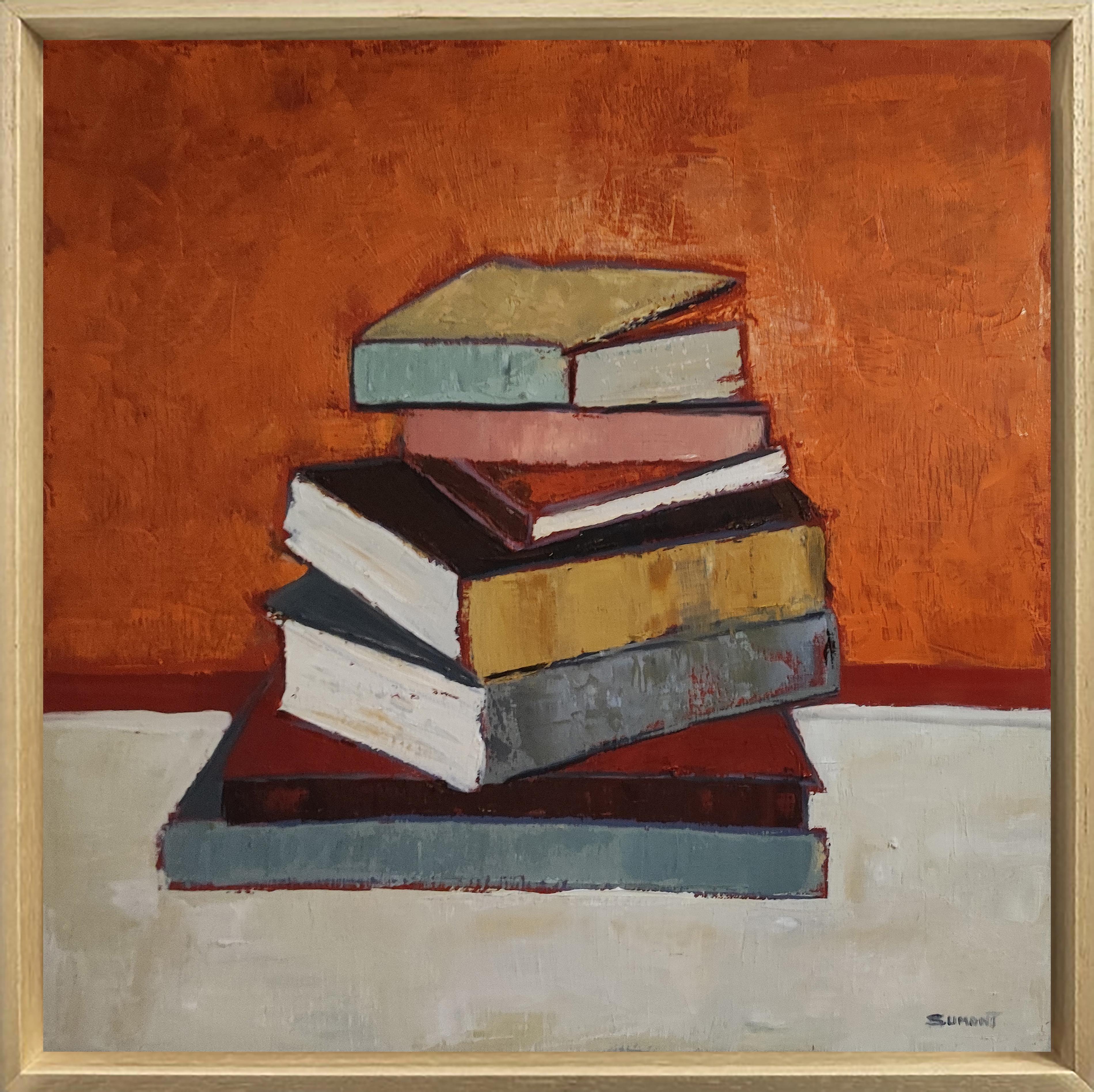 Serenite livresque, books, colors, impasto, expressionism, minimalism, oil - Painting by SOPHIE DUMONT