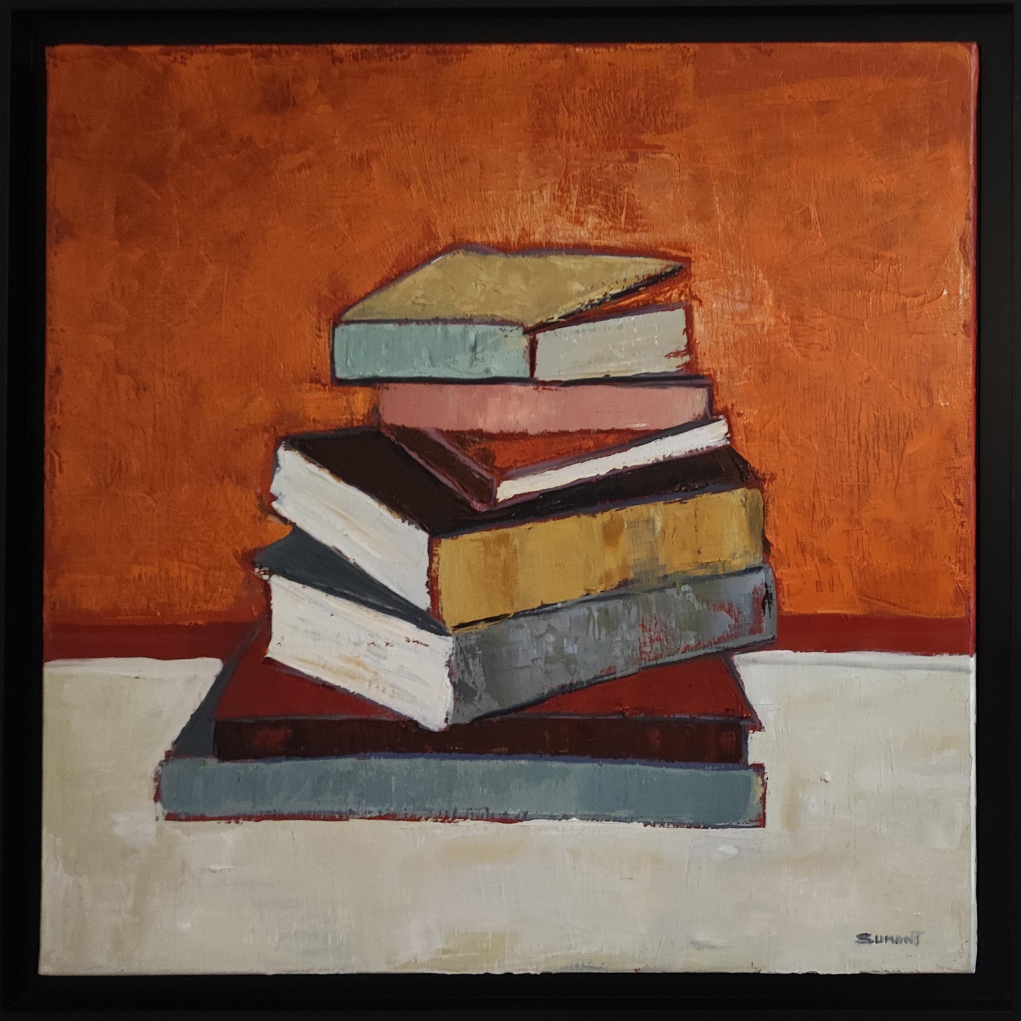 SOPHIE DUMONT Abstract Painting - Serenite livresque, books, colors, impasto, expressionism, minimalism, oil