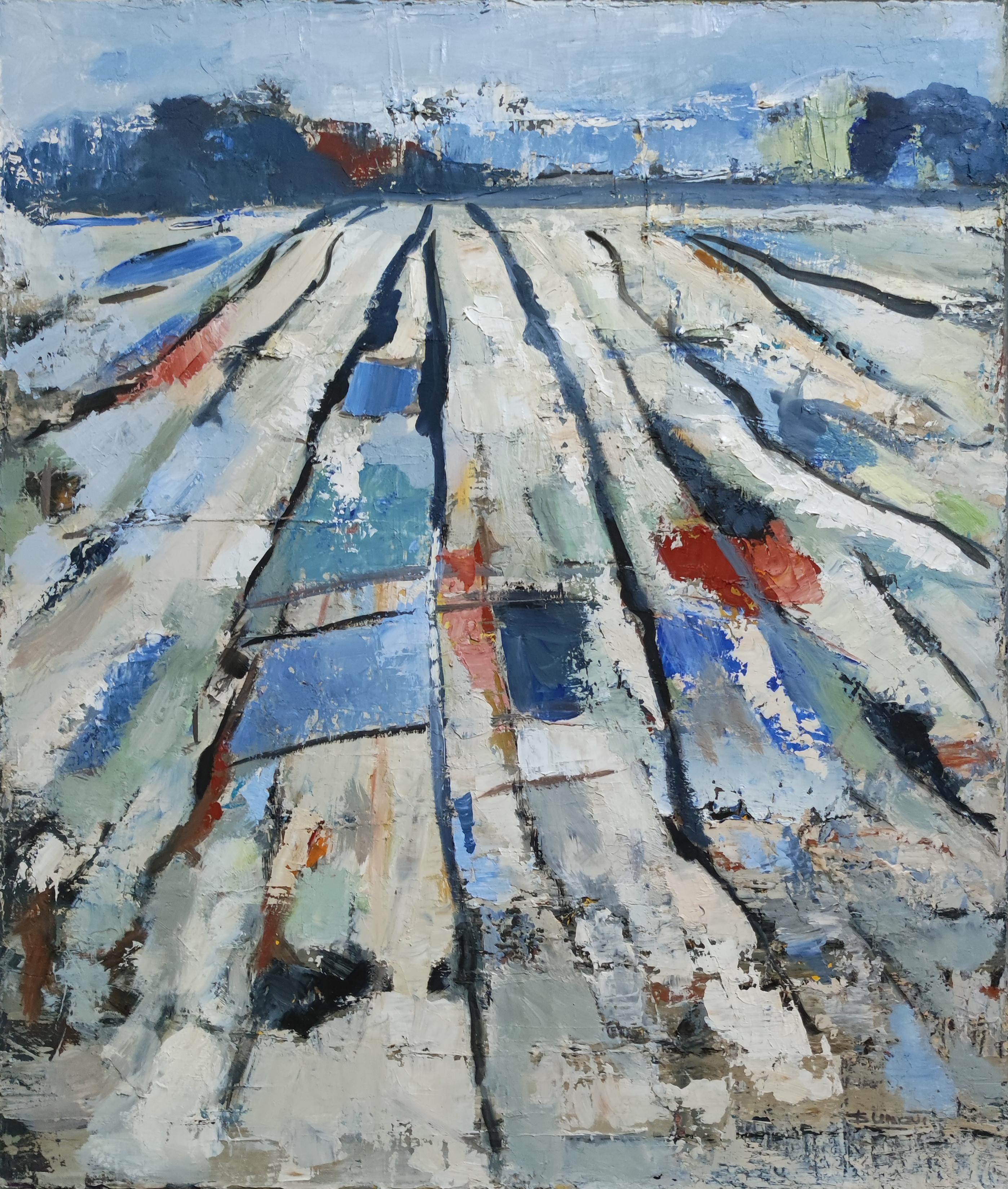 Sillons, blaue Landschaft, abstrakter Expressionismus, Ölgemälde, strukturiert, französisch – Painting von SOPHIE DUMONT