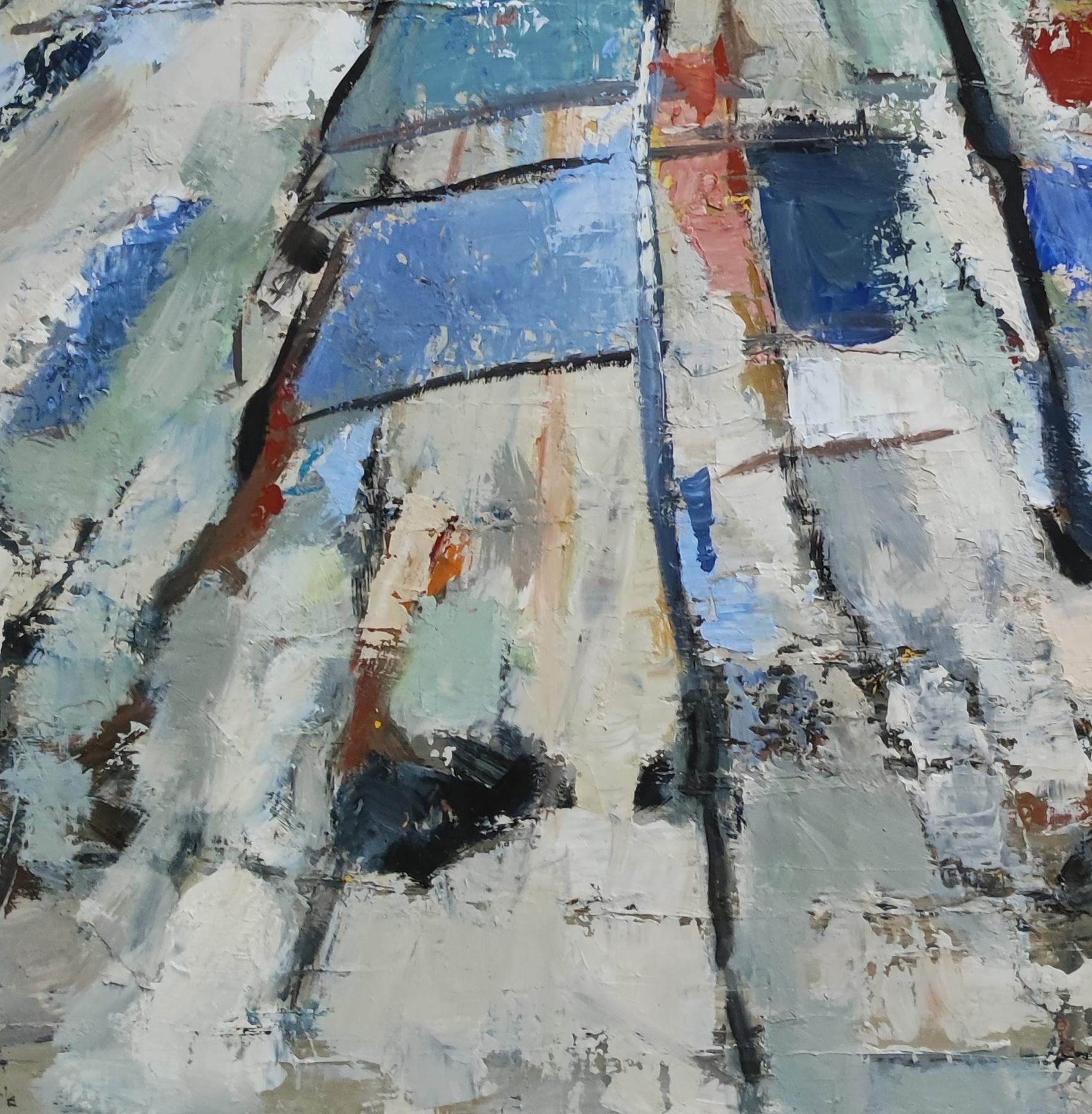 Sillons, blaue Landschaft, abstrakter Expressionismus, Ölgemälde, strukturiert, französisch im Angebot 1