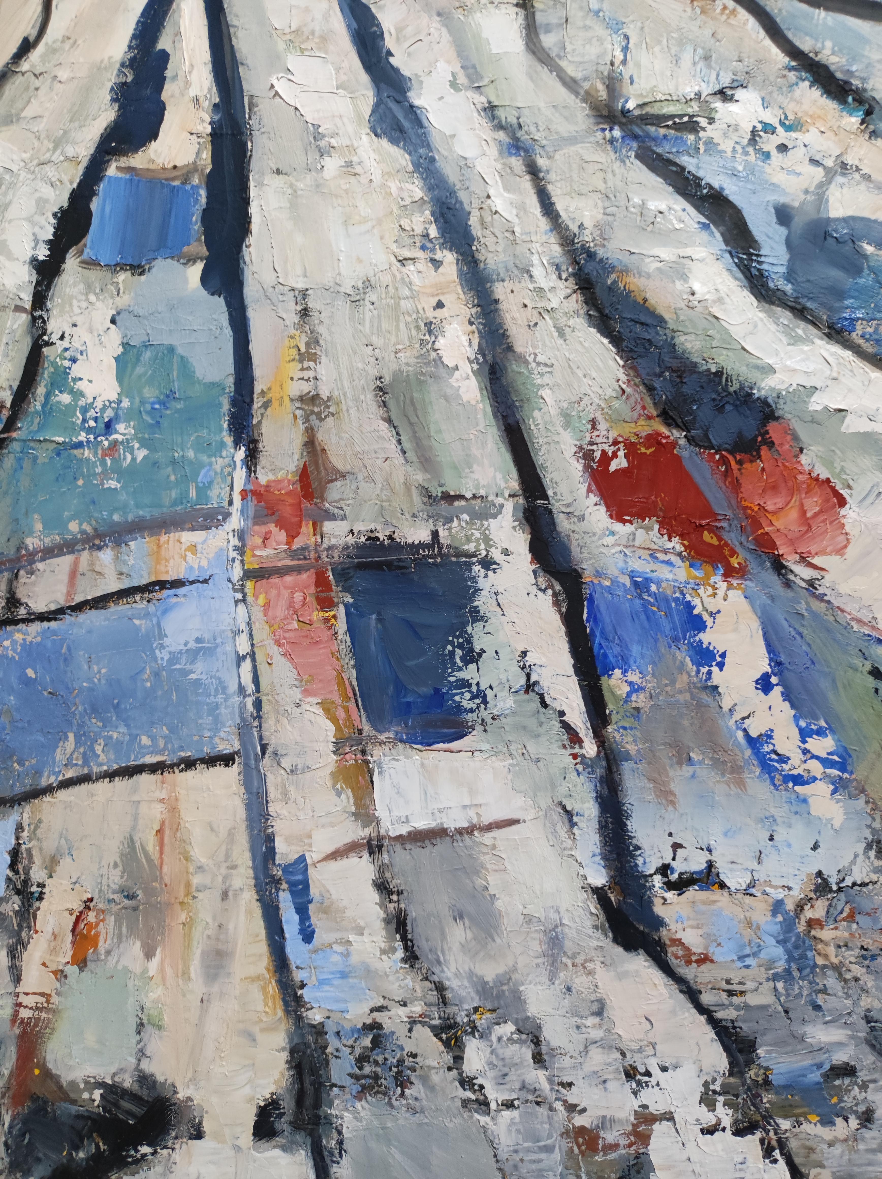Sillons, blaue Landschaft, abstrakter Expressionismus, Ölgemälde, strukturiert, französisch im Angebot 5