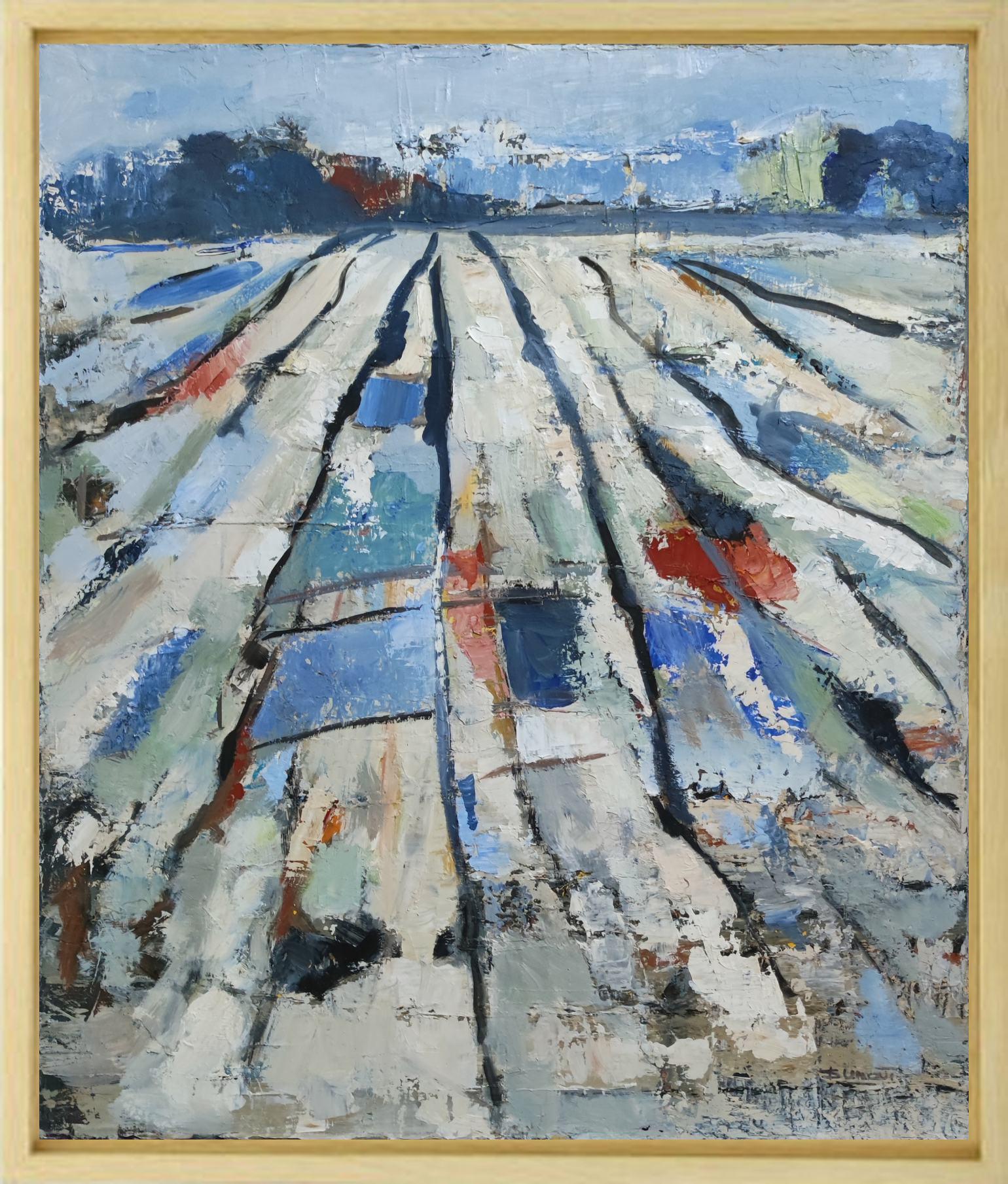 Sillons, blue countryside, expressionism abstract, oil painting textured, french For Sale 7