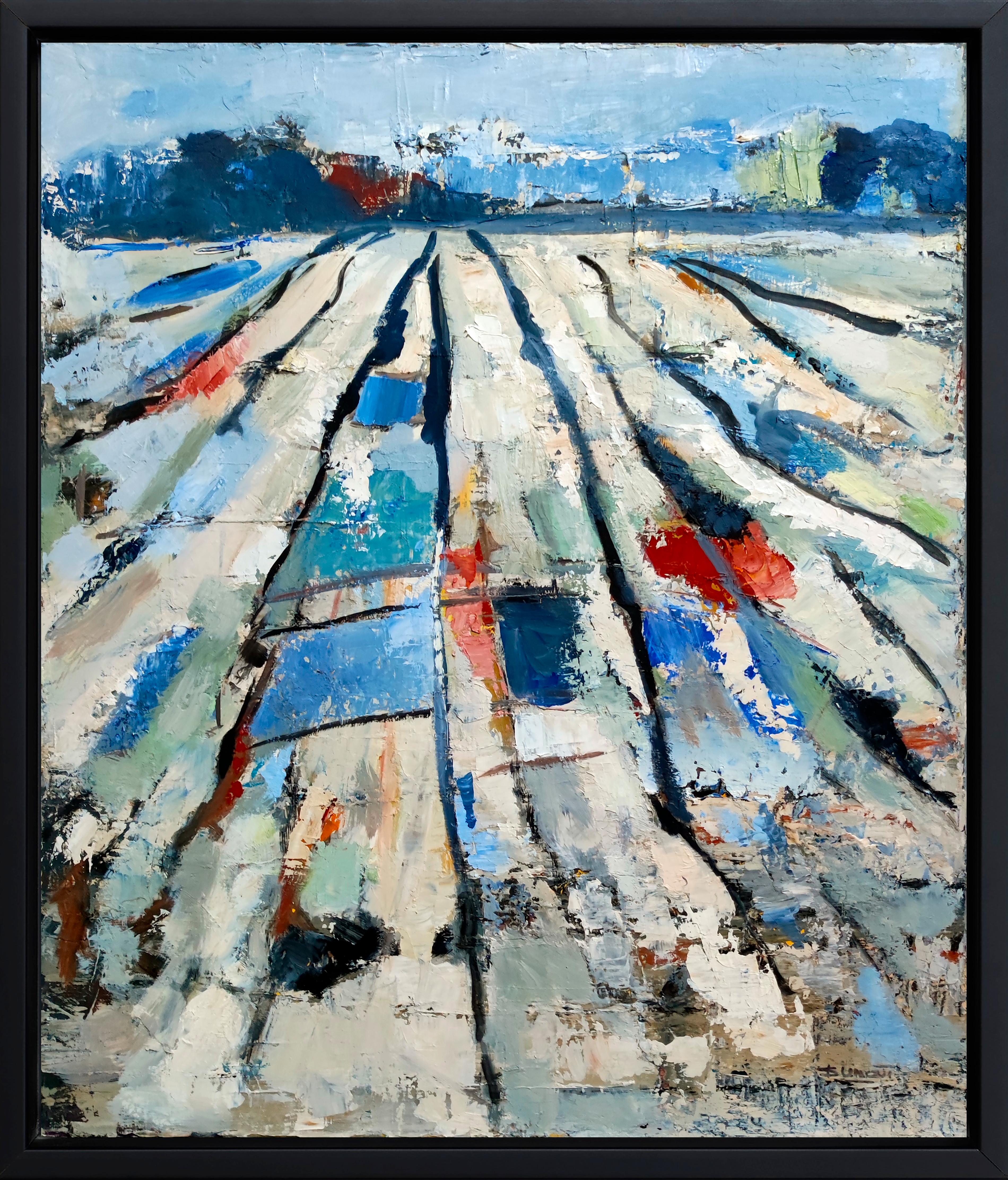 SOPHIE DUMONT Landscape Painting – Sillons, blaue Landschaft, abstrakter Expressionismus, Ölgemälde, strukturiert, französisch