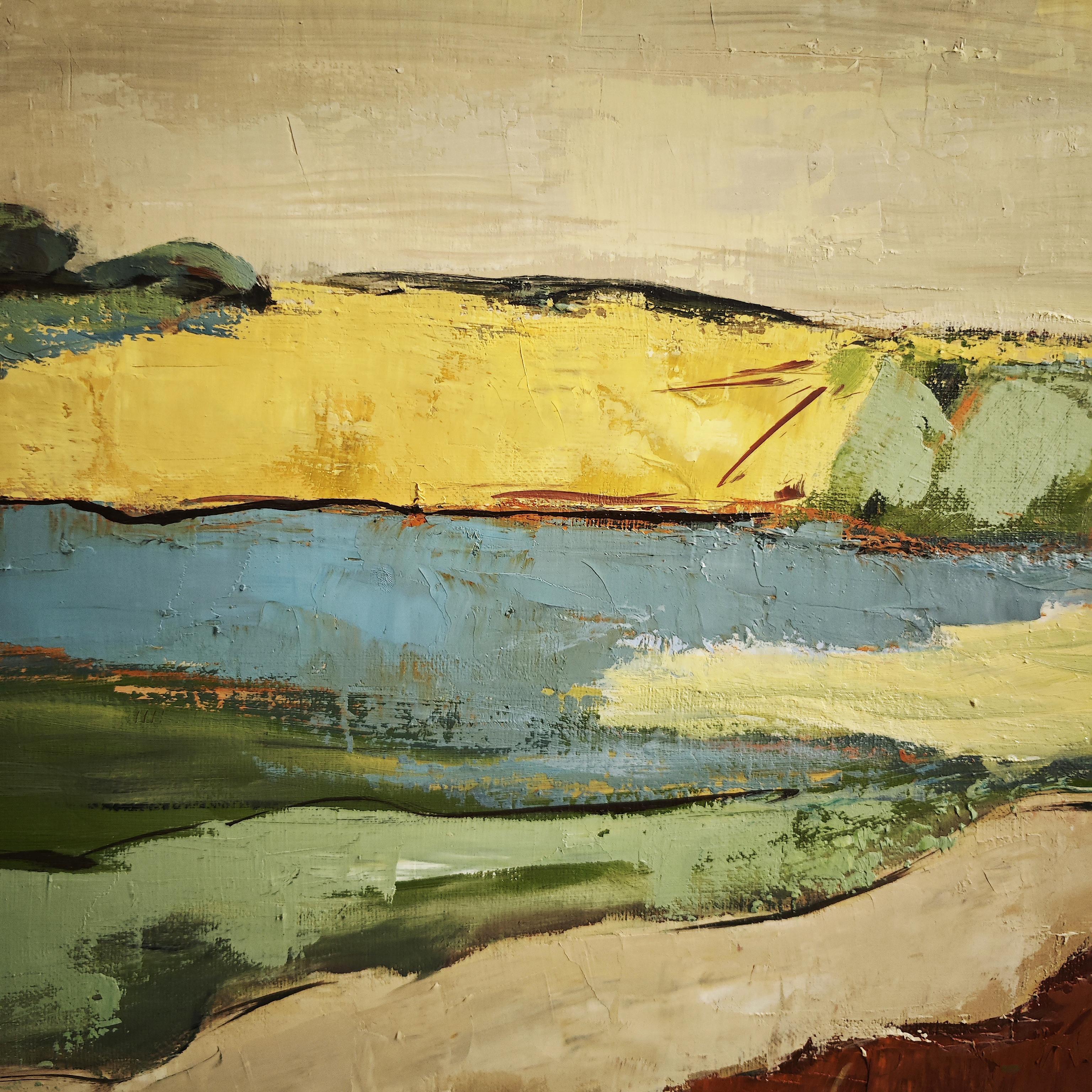 Sillons de lumiere, Paesaggio astratto, Campagna, Contemporaneo, Moderno - Landscape Painting Beige di SOPHIE DUMONT