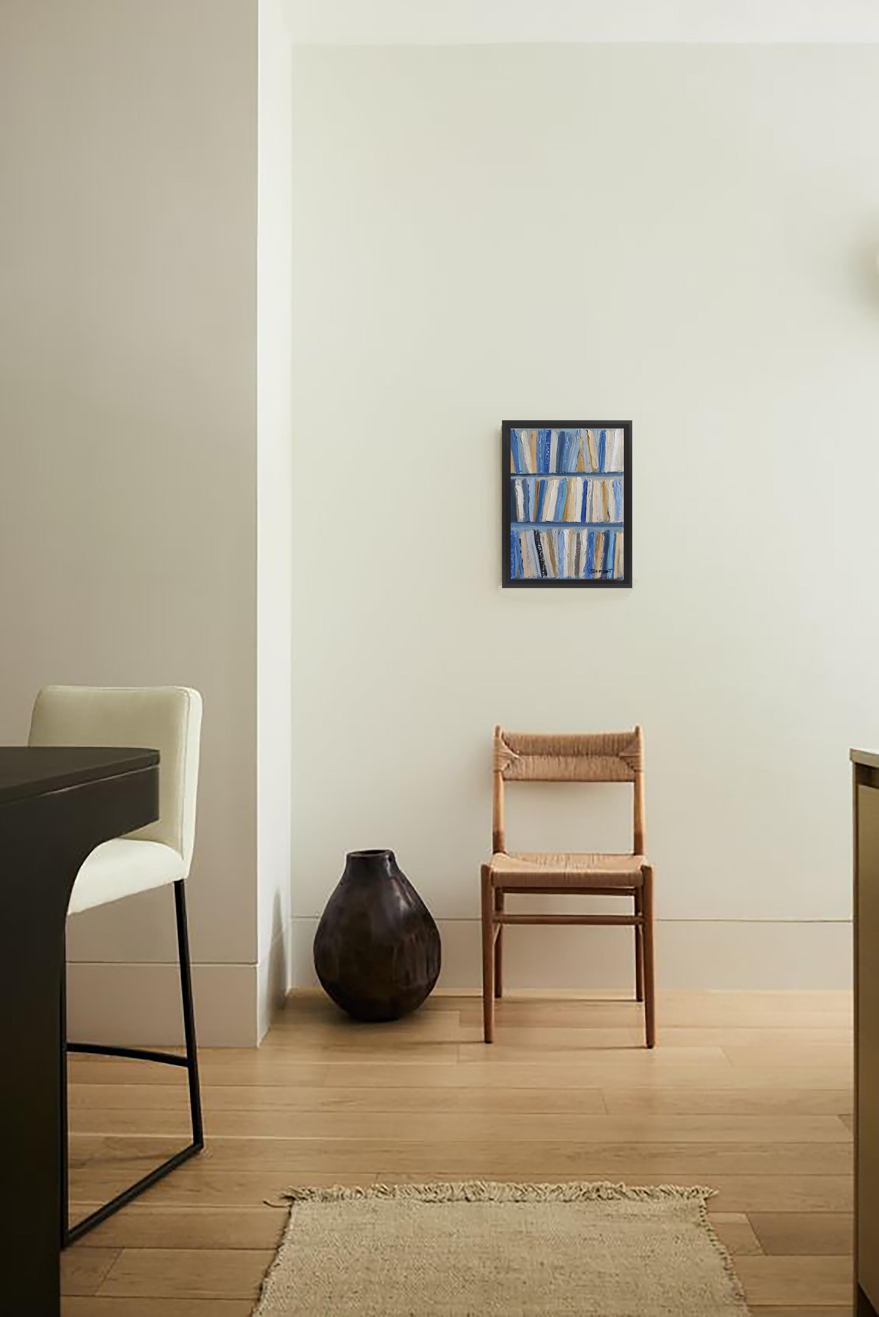 small library, abstrait, minimalisme, bleu, huile sur toile - Painting by SOPHIE DUMONT