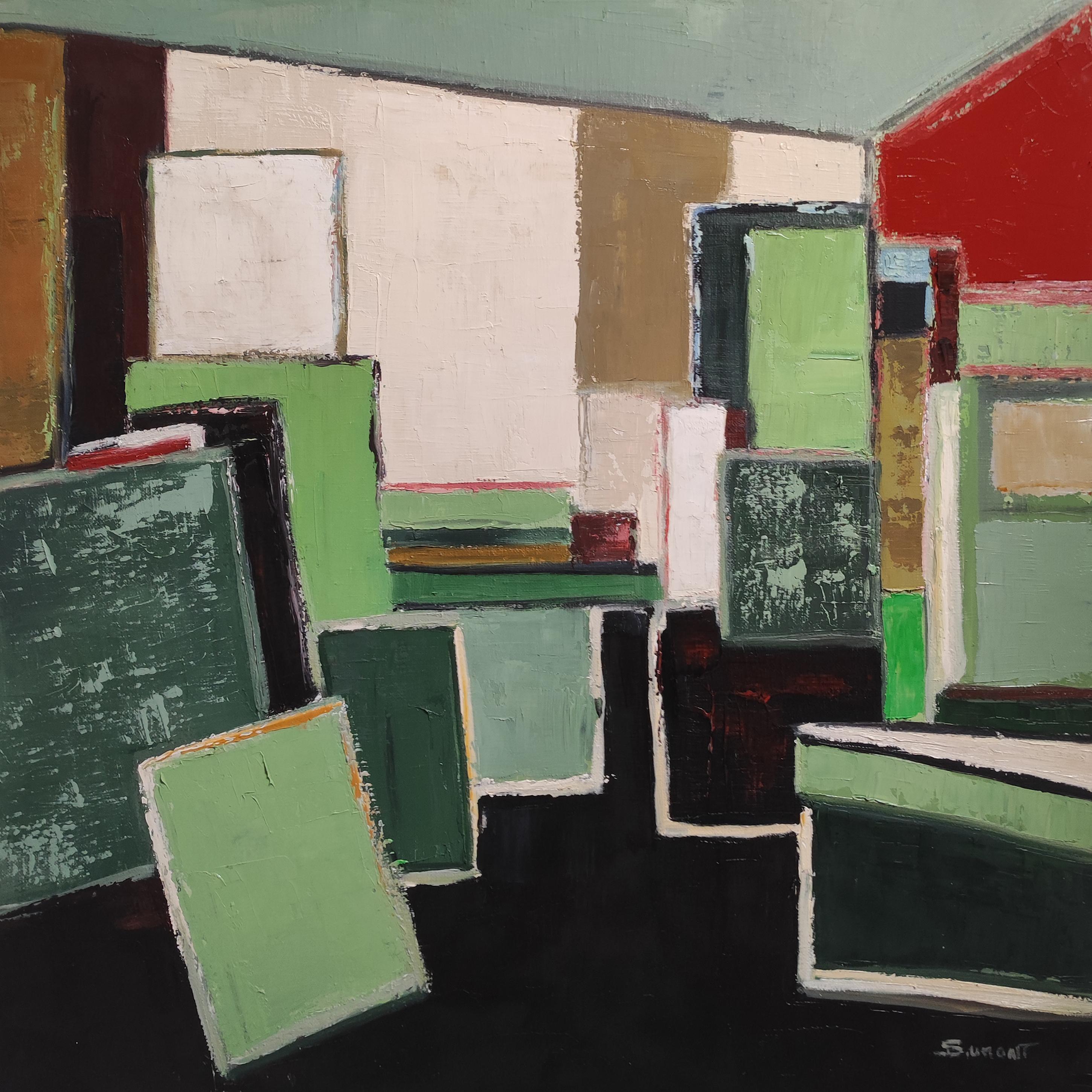 Studio primaverile, Astratto, Verde, Geometrico, contemporaneo, Olio, Minimalismo, Francese - Painting di SOPHIE DUMONT