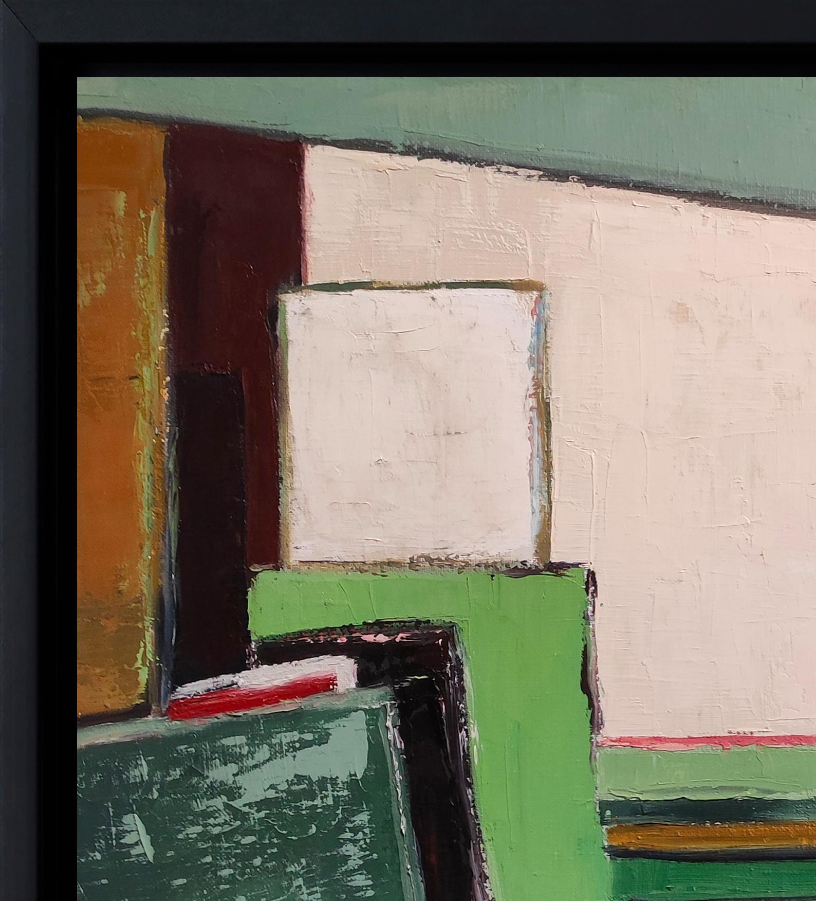 Studio primaverile, Astratto, Verde, Geometrico, contemporaneo, Olio, Minimalismo, Francese - Interior Painting Nero di SOPHIE DUMONT