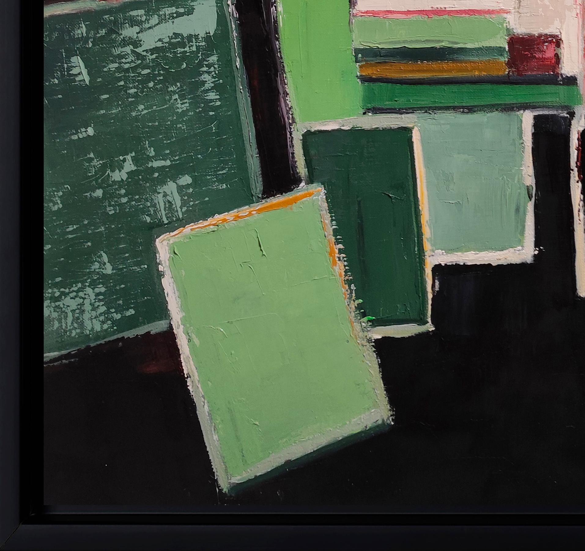 Studio primaverile, Astratto, Verde, Geometrico, contemporaneo, Olio, Minimalismo, Francese 1