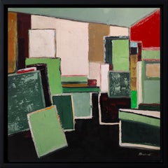 Studio primaverile, Astratto, Verde, Geometrico, contemporaneo, Olio, Minimalismo, Francese