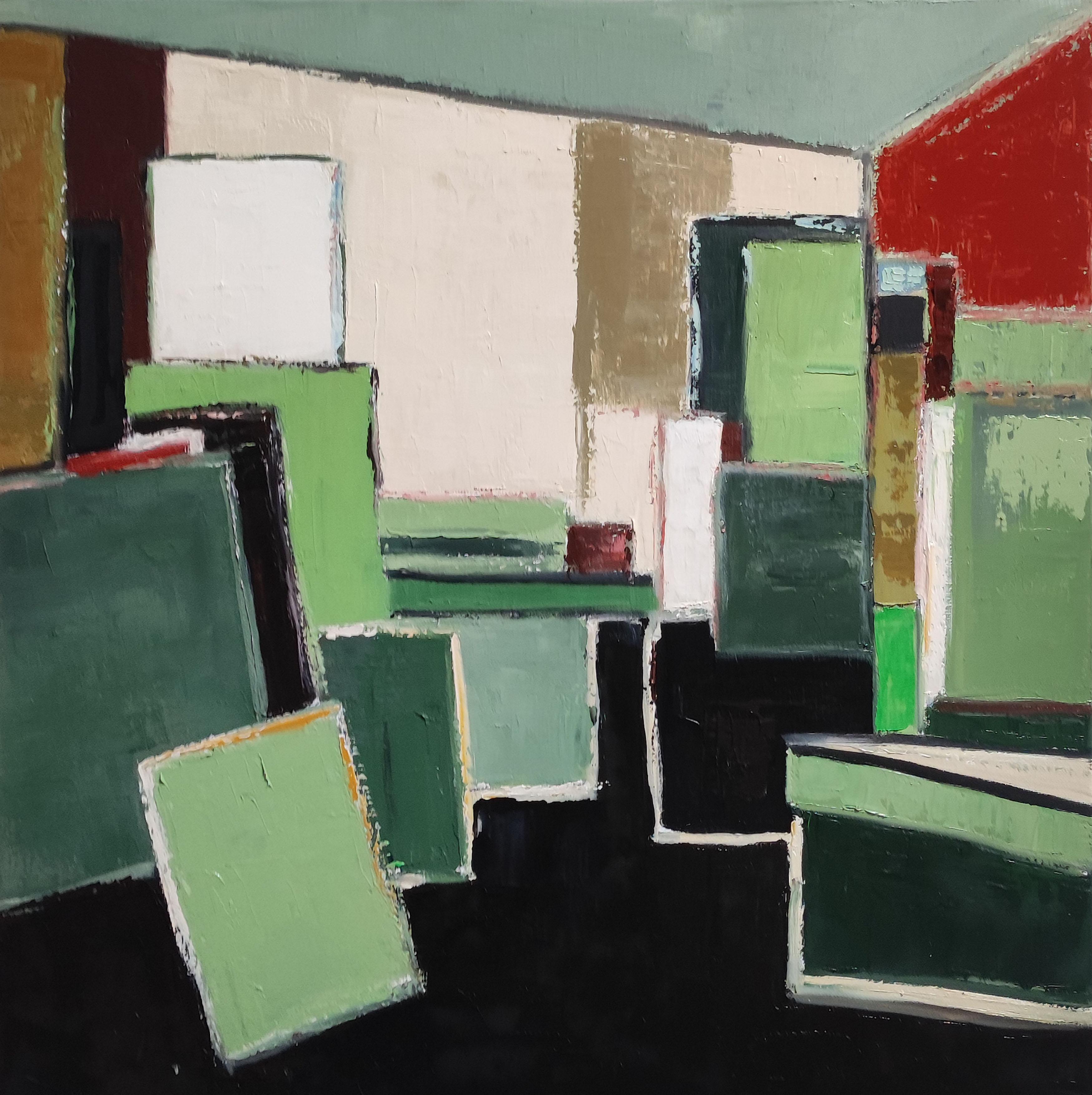 spring studio, abstract, green geometric, contemporary, oil, minimalism, french - Painting by SOPHIE DUMONT