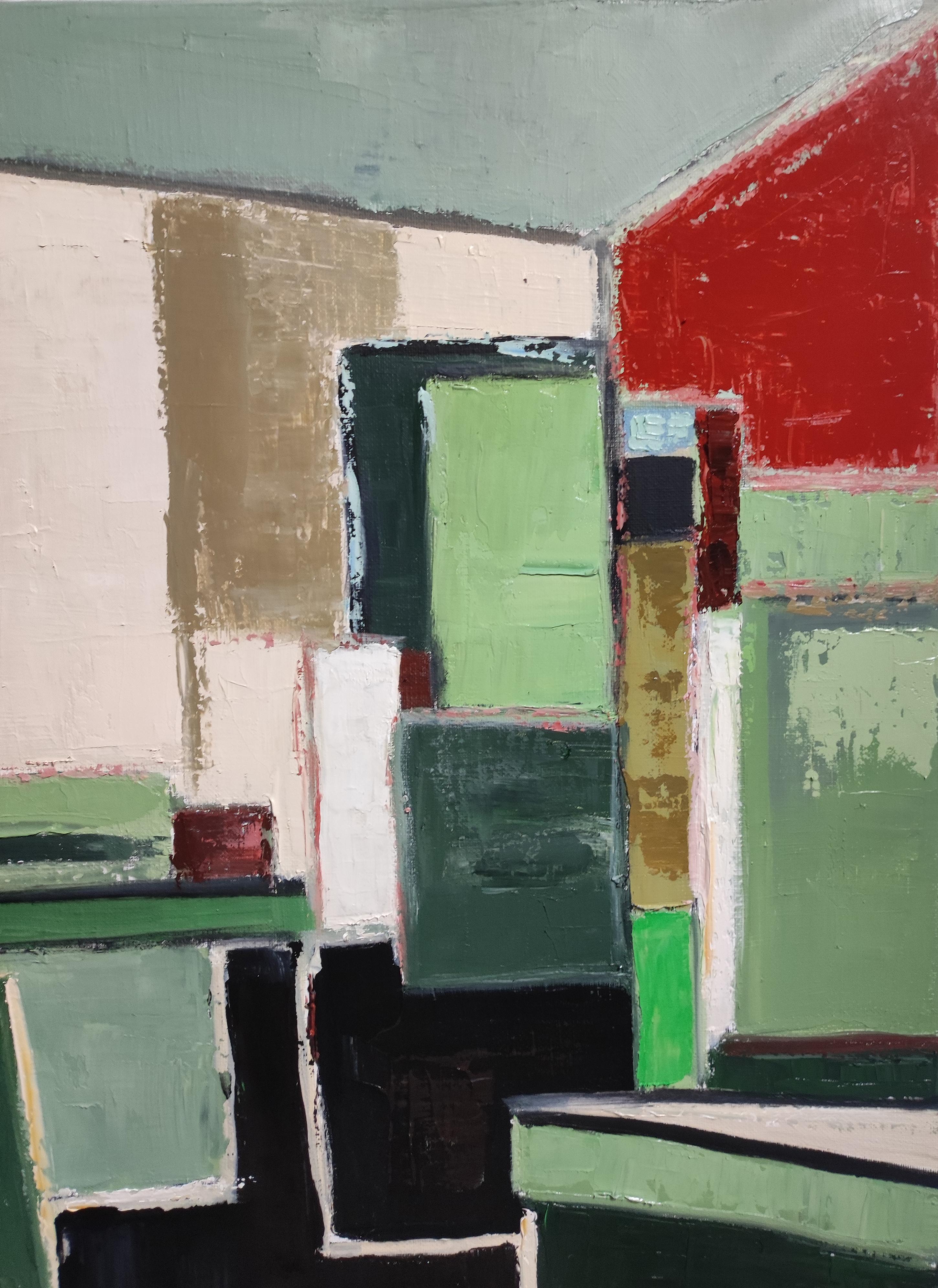 spring studio, abstrakt, grün geometrisch, zeitgenössisch, öl, minimalismus, französisch (Schwarz), Interior Painting, von SOPHIE DUMONT