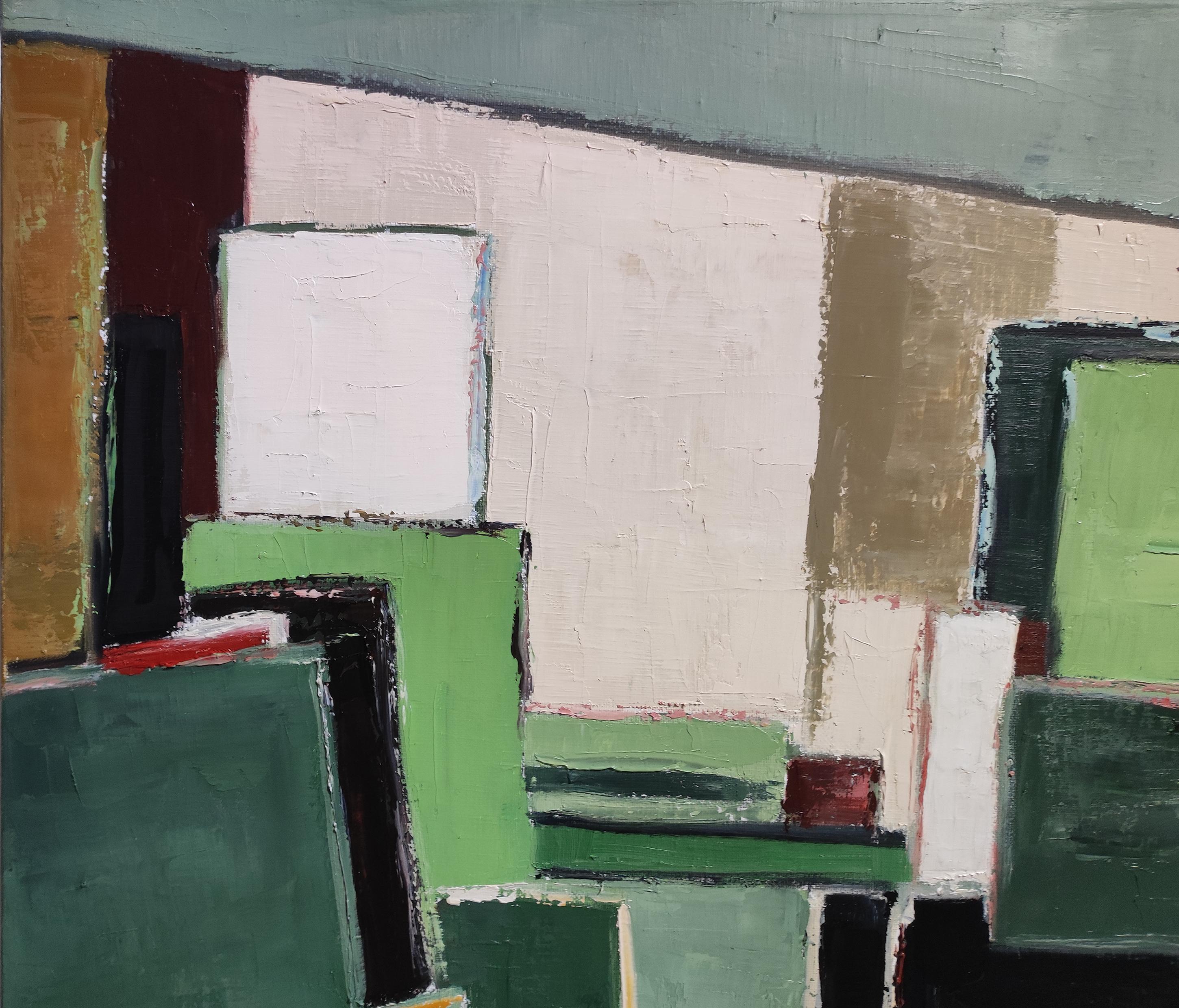 spring studio, abstract, green geometric, contemporary, oil, minimalism, french For Sale 1
