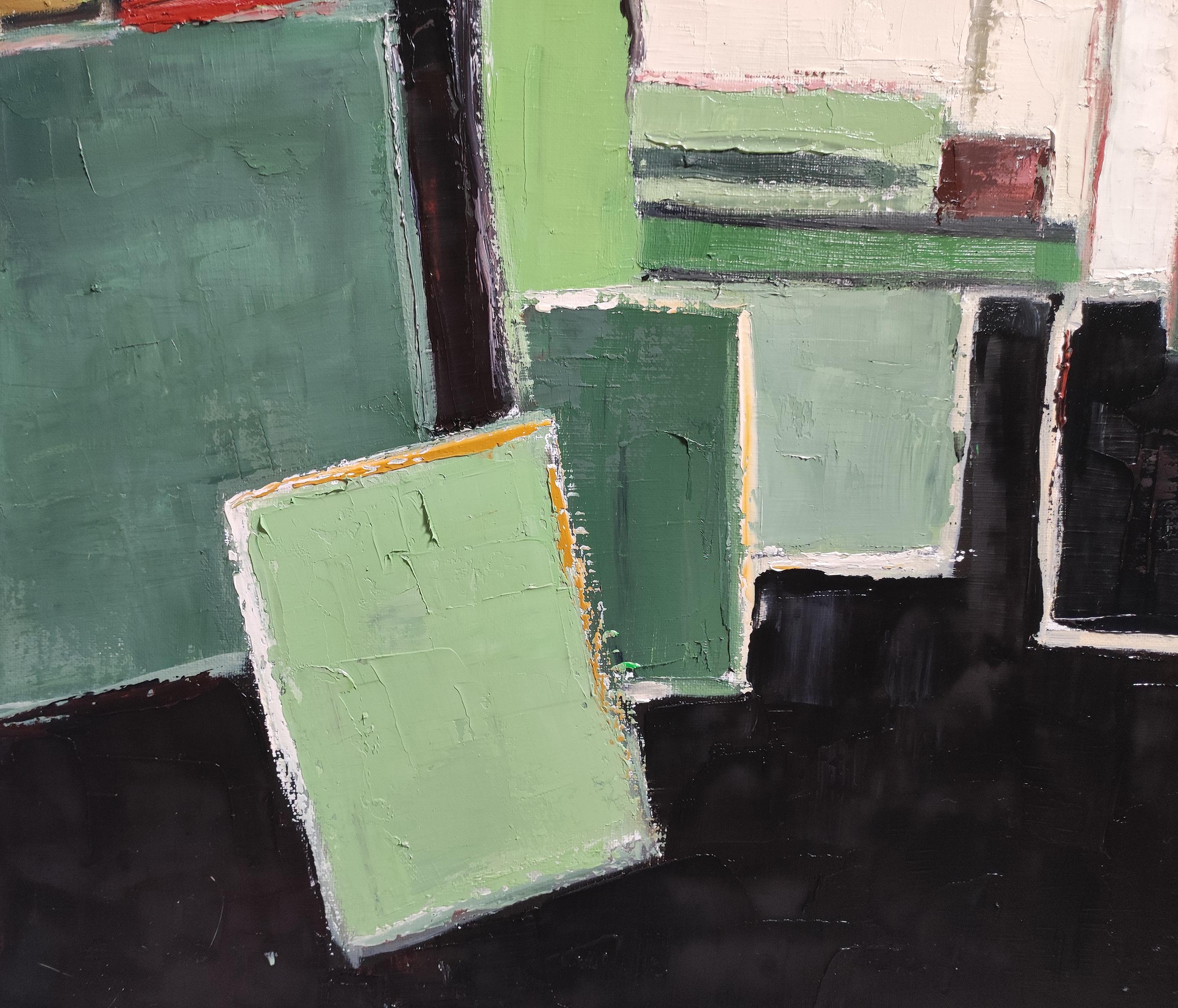 spring studio, abstract, green geometric, contemporary, oil, minimalism, french For Sale 2