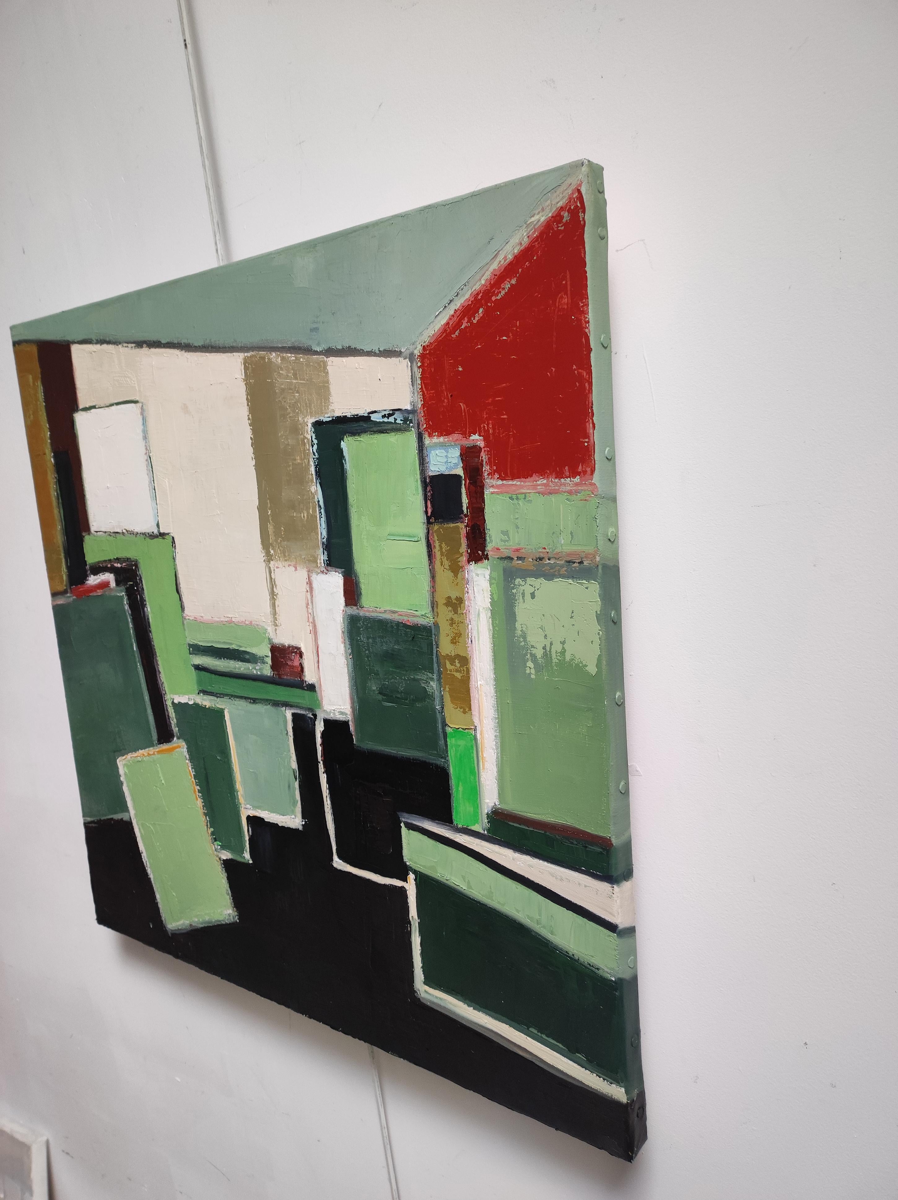 spring studio, abstract, green geometric, contemporary, oil, minimalism, french For Sale 3