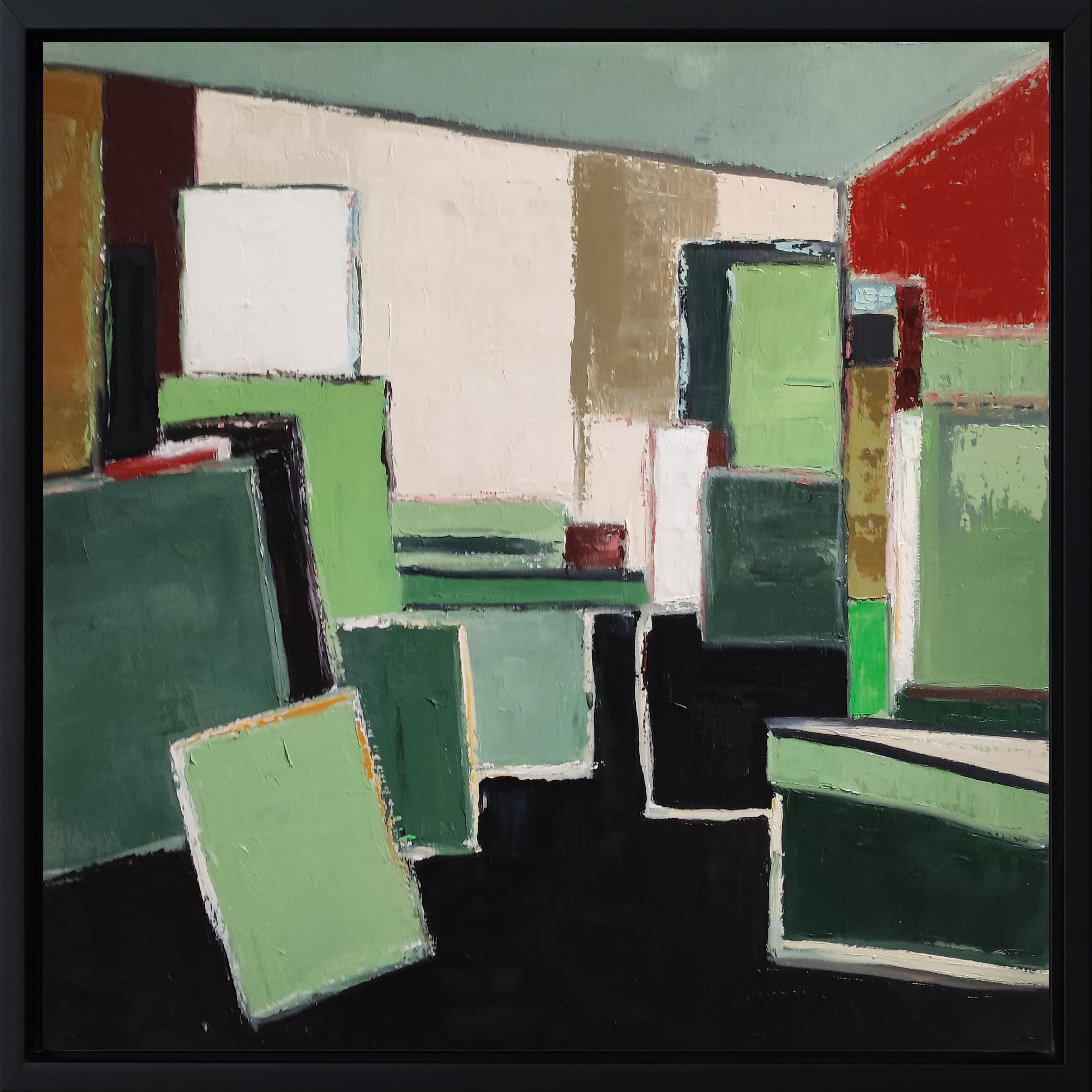 SOPHIE DUMONT Interior Painting - spring studio, abstract, green geometric, contemporary, oil, minimalism, french