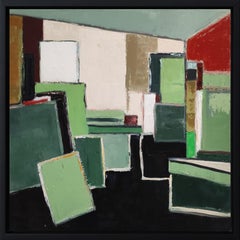 Spring studio, Abstract, Green, Geometric, contemporary, Oil, Minimalism, French
