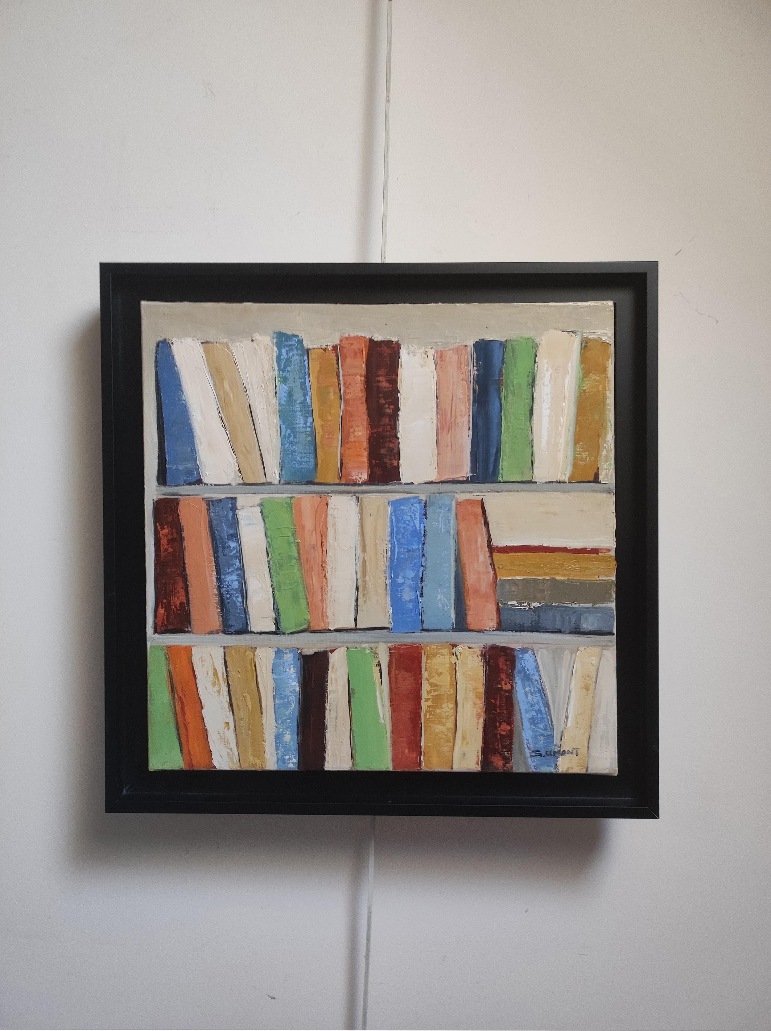 abstract representation of books on shelves. The painting is characterized by thick, visible brush strokes that add texture and depth to the image. The color palette is diverse, with each “book” painted in different hues including blues, greens,