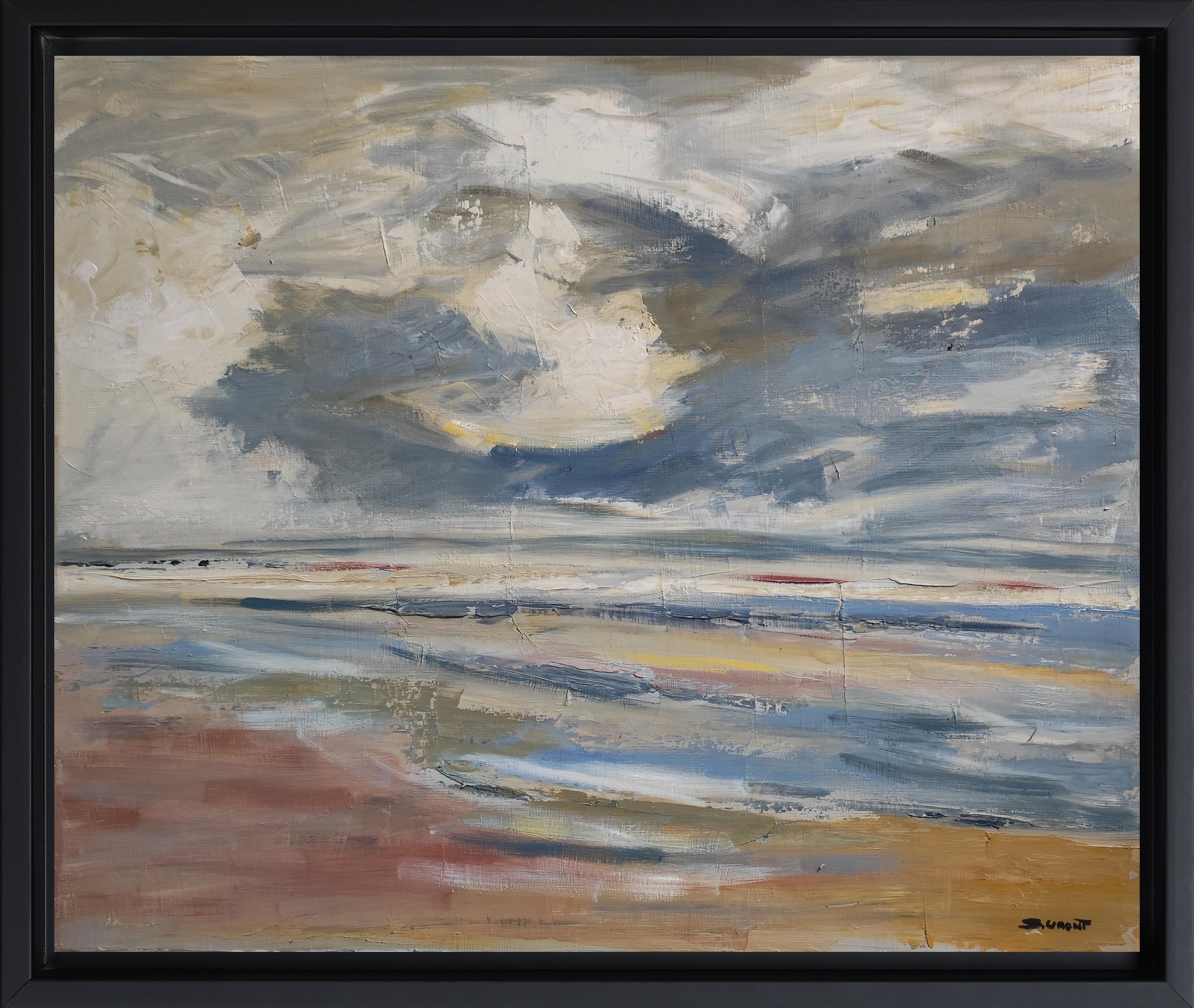SOPHIE DUMONT Landscape Painting - Stormy  sky, Seascape, blue seaside, semi abstract, oil , Beach, Expressionism