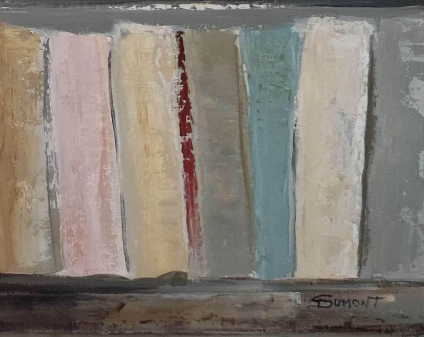 histoire sans fin, abstract expressionist, colorful books, library, pink For Sale 4