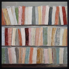 histoire sans fin, abstract expressionist, colorful books, library, pink