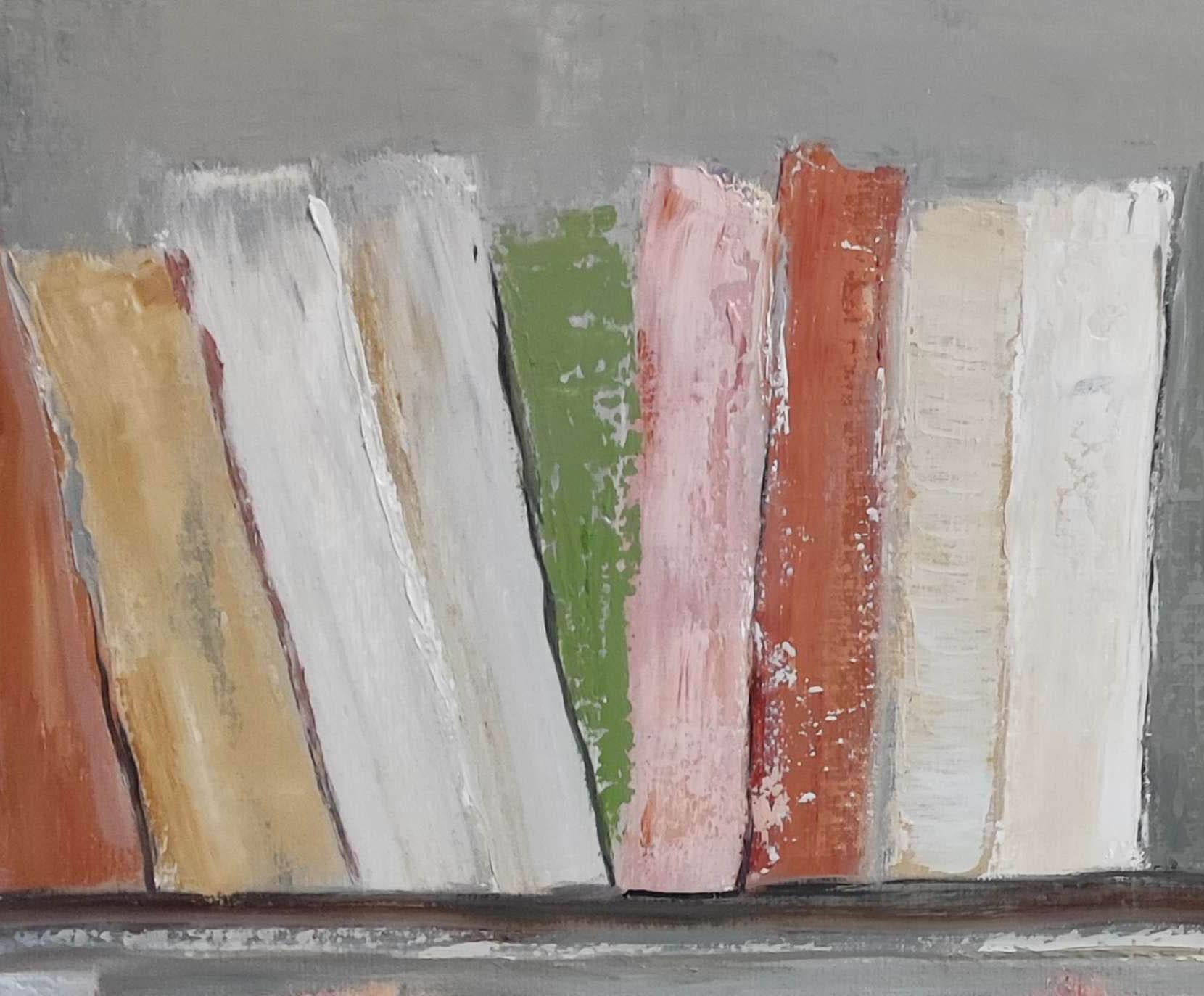 histoire sans fin, abstract expressionist, colorful books, library, pink For Sale 1