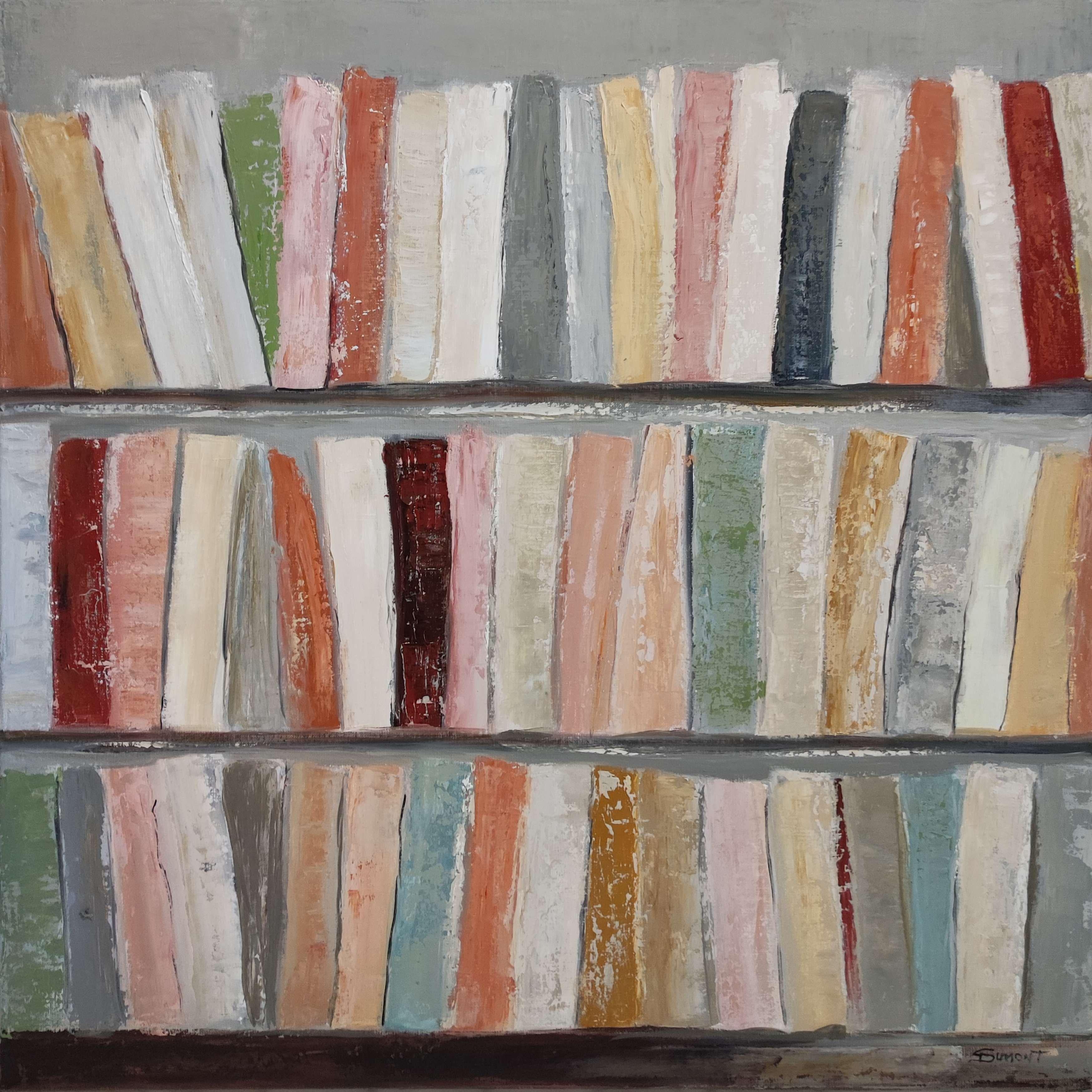 histoire sans fin, abstract expressionist, colorful books, library, pink - Painting by SOPHIE DUMONT