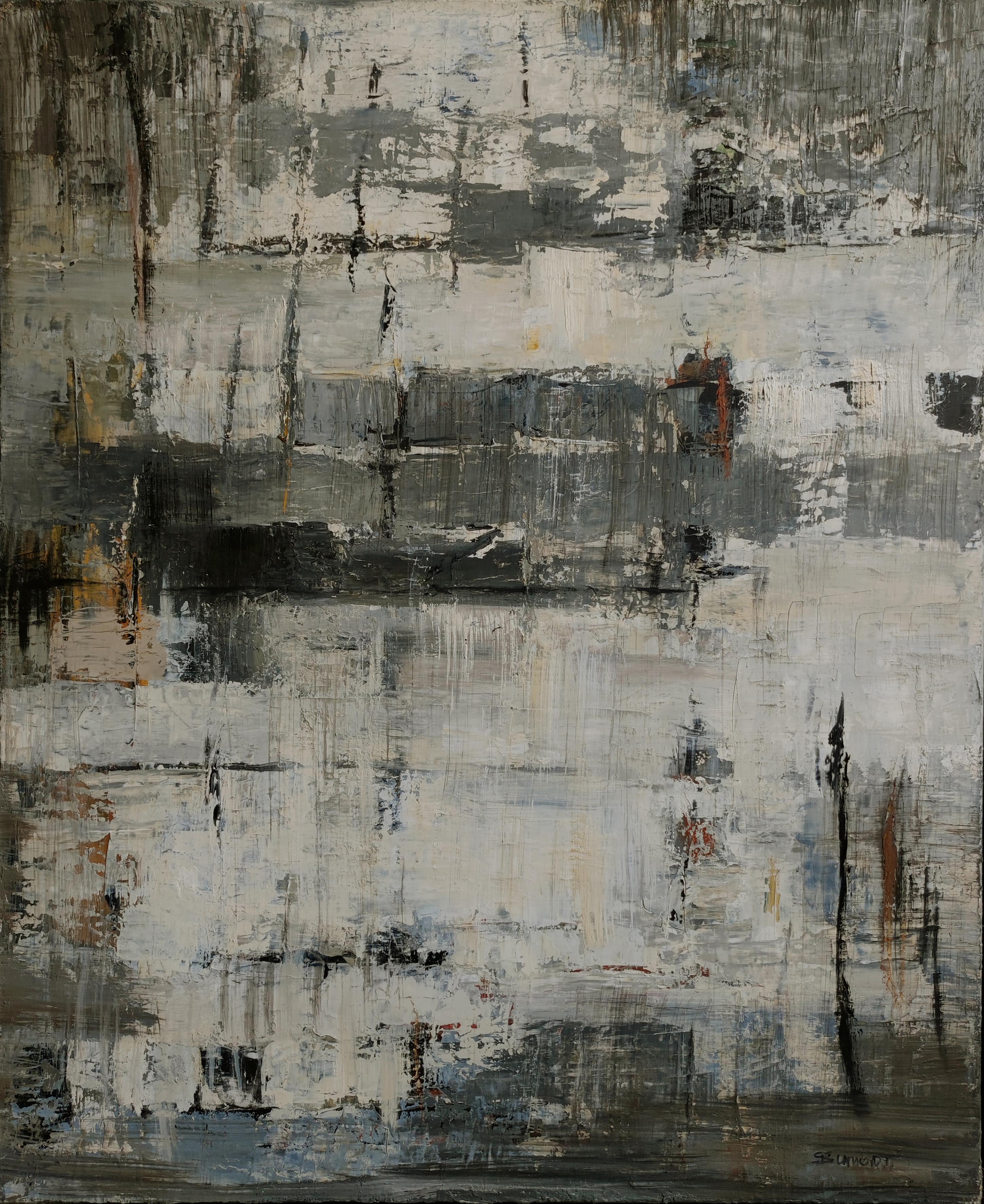 stratas 4, black abstract, stratas, oil on canvas, texture, expressionism - Painting by SOPHIE DUMONT