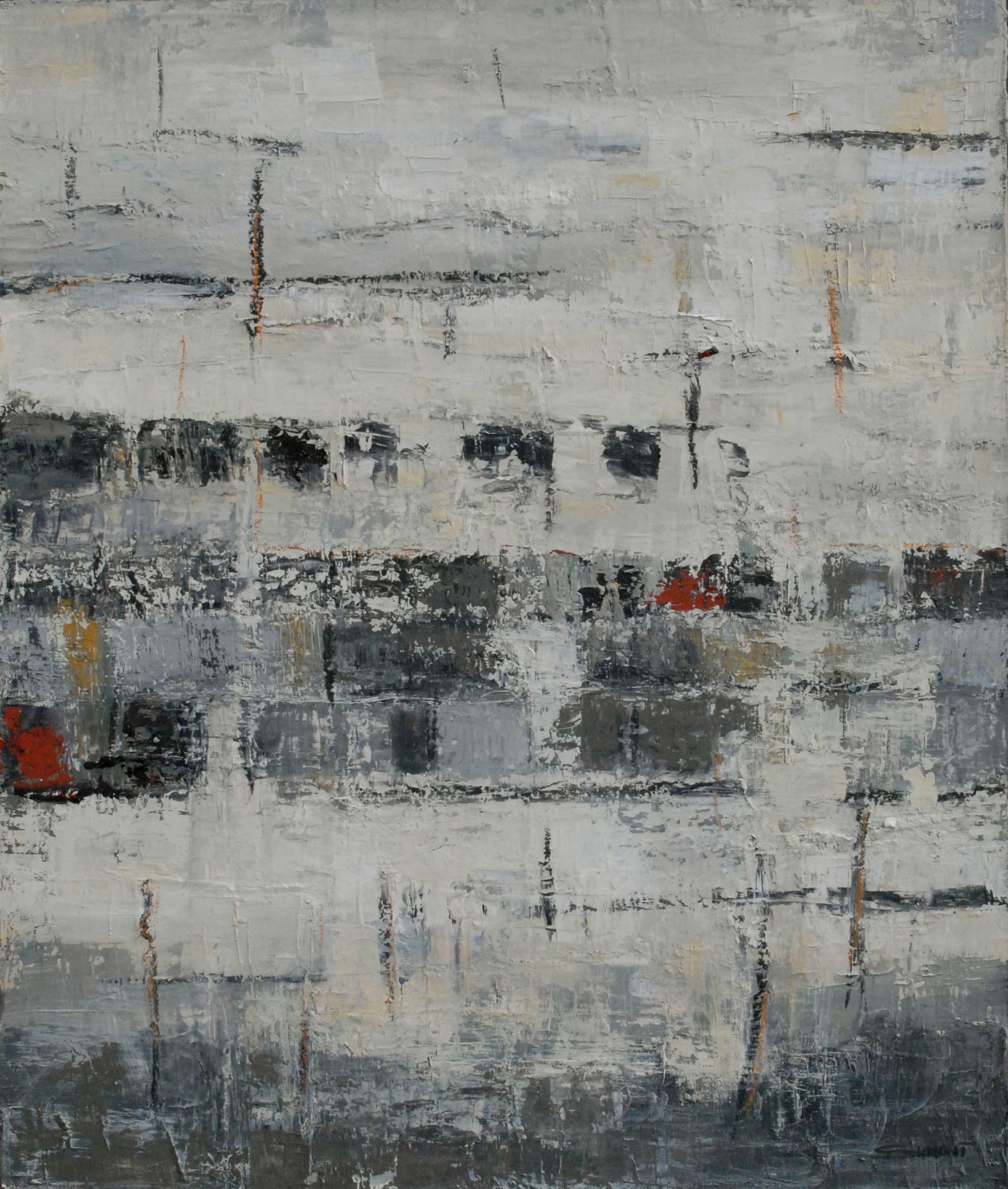 strates 3, abstract, stratas, oil on canvas, white, expressionism, french artist - Painting by SOPHIE DUMONT