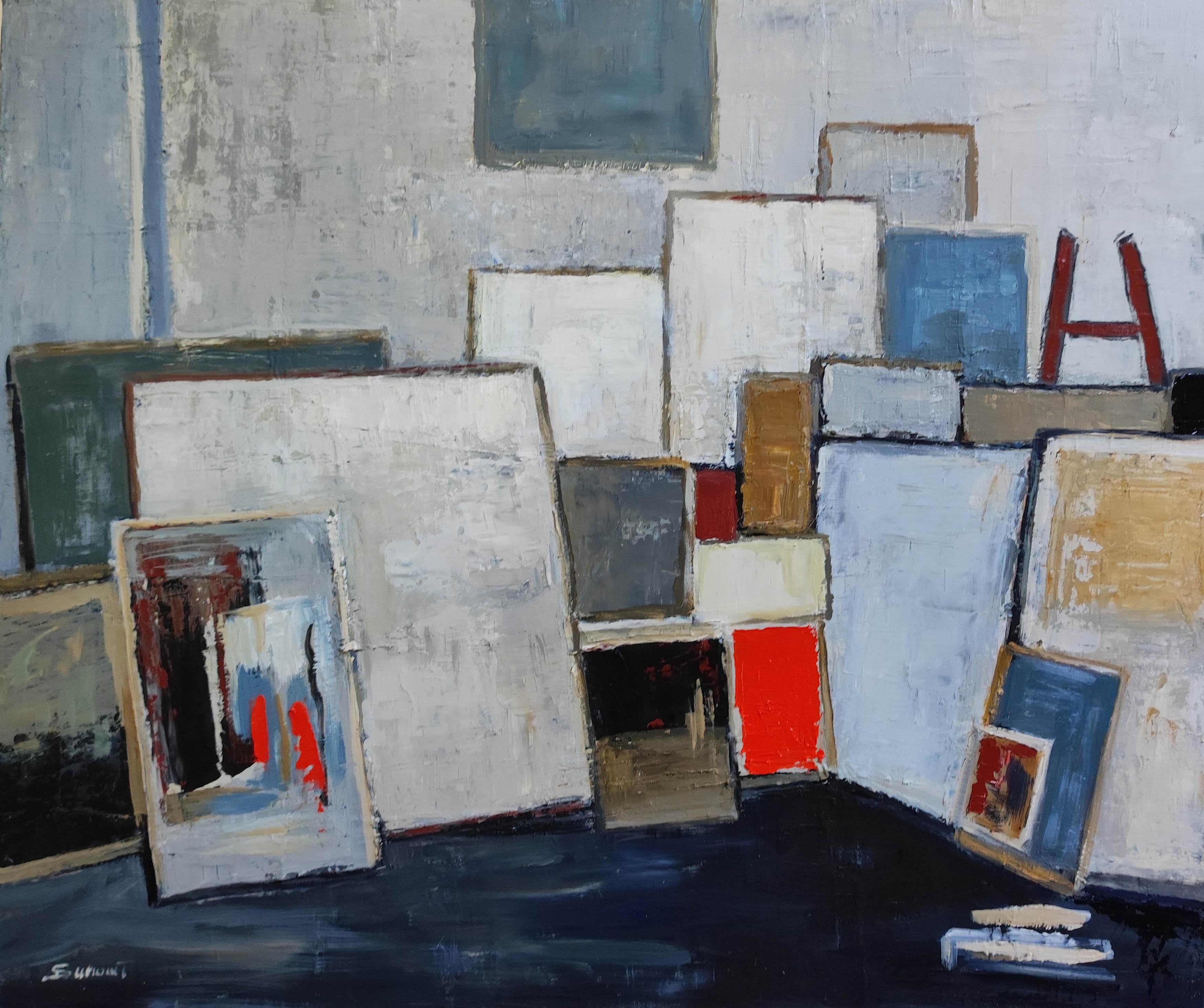 studio 11, abstract; expressionism, geometric, texture, oil on linen canvas - Painting by SOPHIE DUMONT