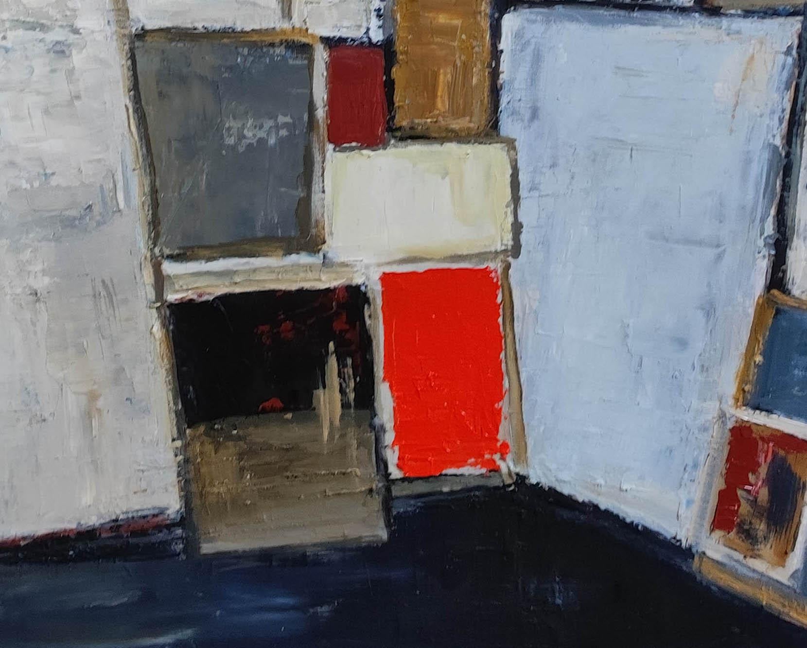 Sophie DUMONT's abstract is not a concept, it is an approach where each canvas is built around graphics put into perspective by color.

Geometric abstraction of an artist's studio in shades of grey, red and black with a very important texture and
