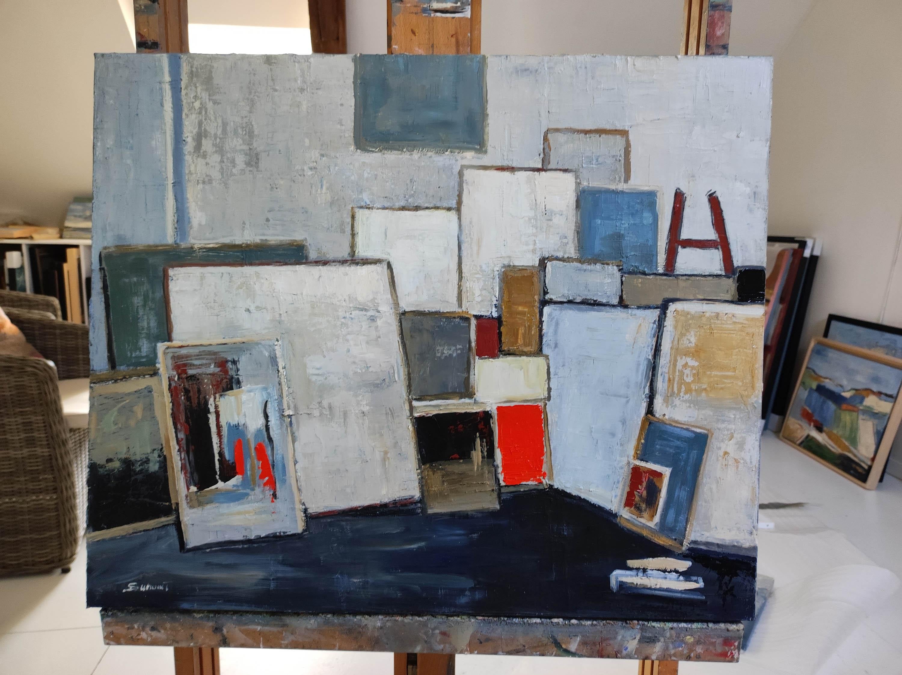Atelier 11, abstrakt; Expressionismus, geometrisch, Textur, Öl auf Leinen-Leinwand im Angebot 2