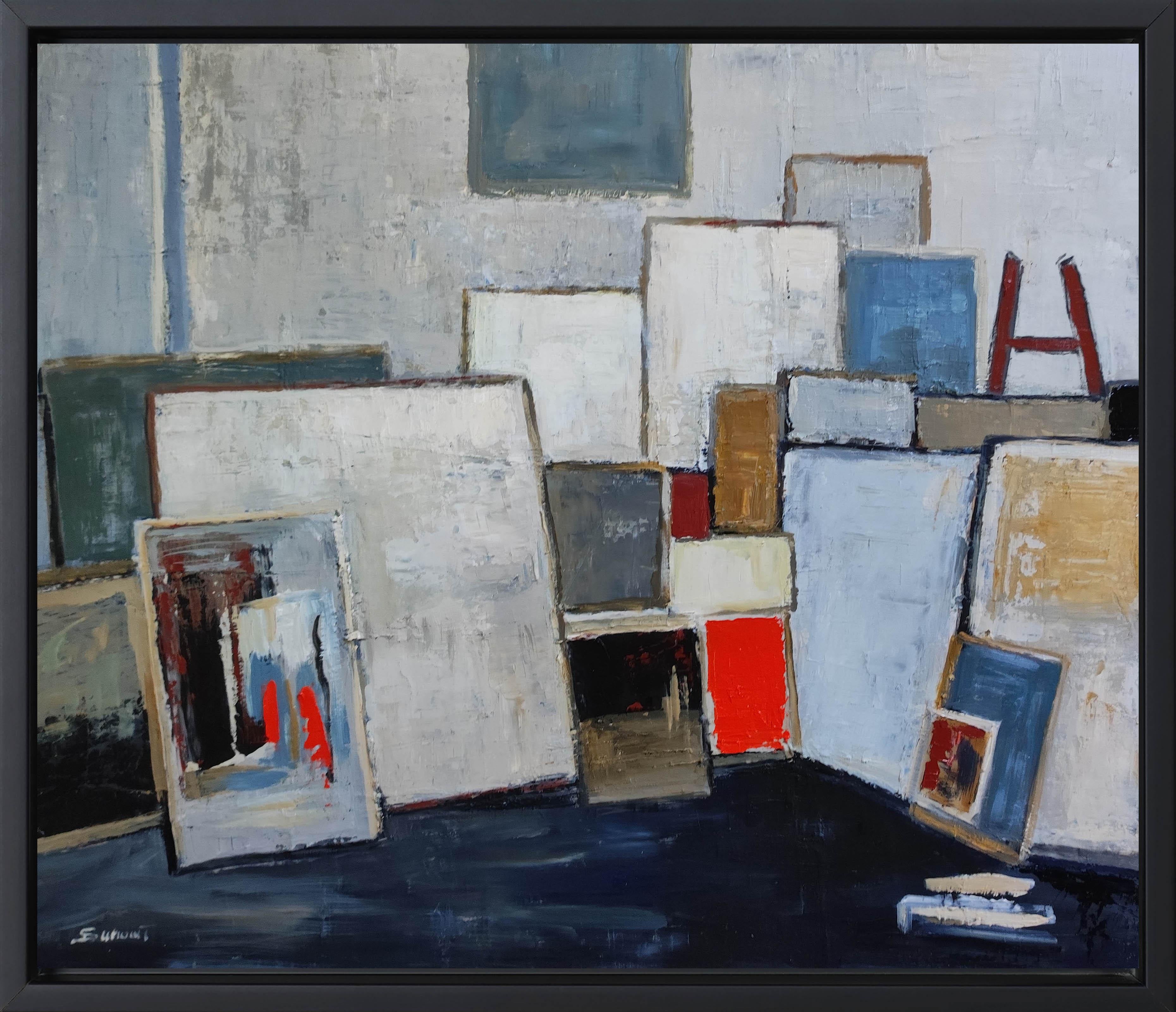 SOPHIE DUMONT Abstract Painting – Atelier 11, abstrakt; Expressionismus, geometrisch, Textur, Öl auf Leinen-Leinwand