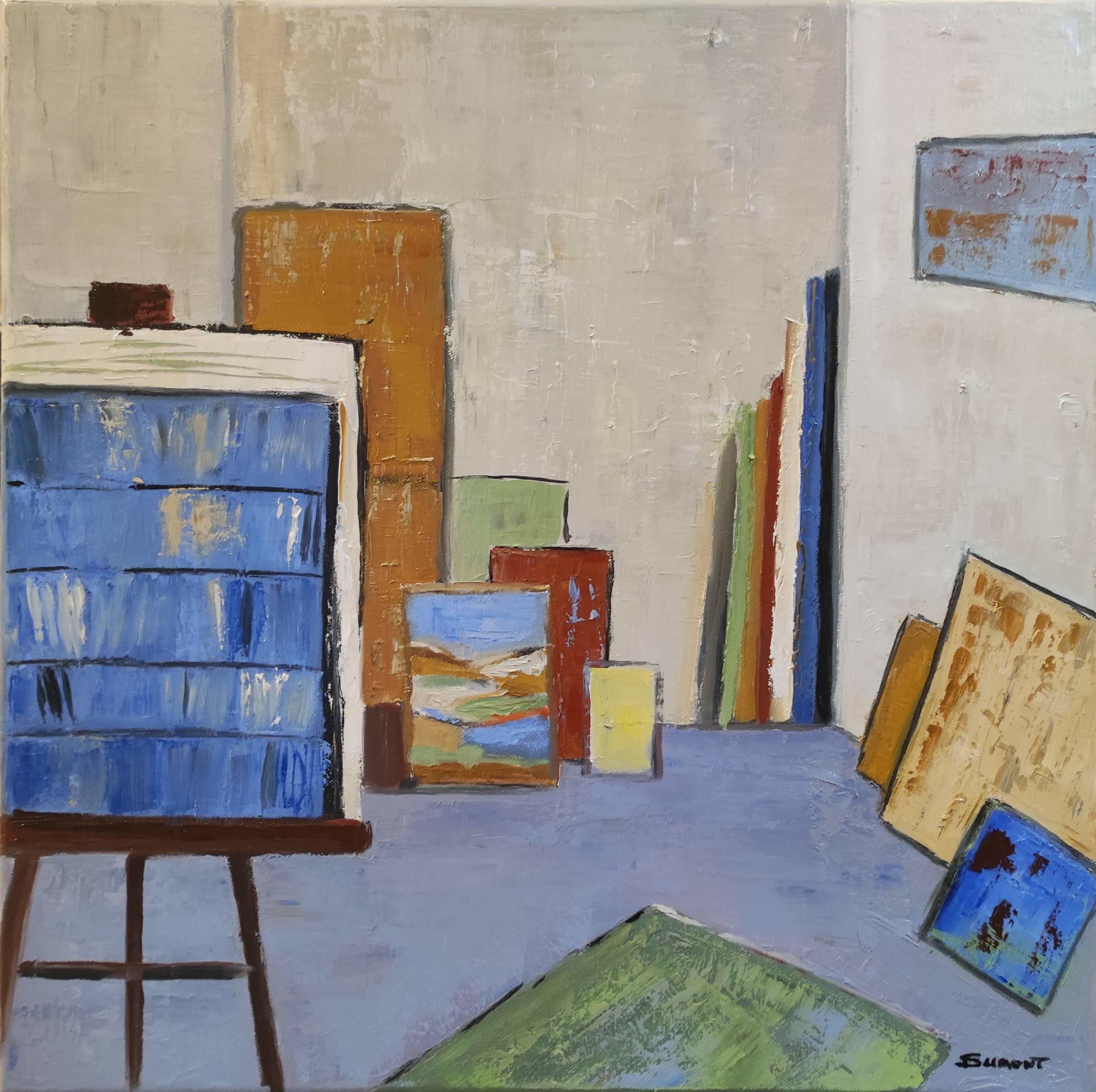 studio 13, astratto blu, olio su tela, contemporeaneo, espressionismo, arte francese - Painting di SOPHIE DUMONT