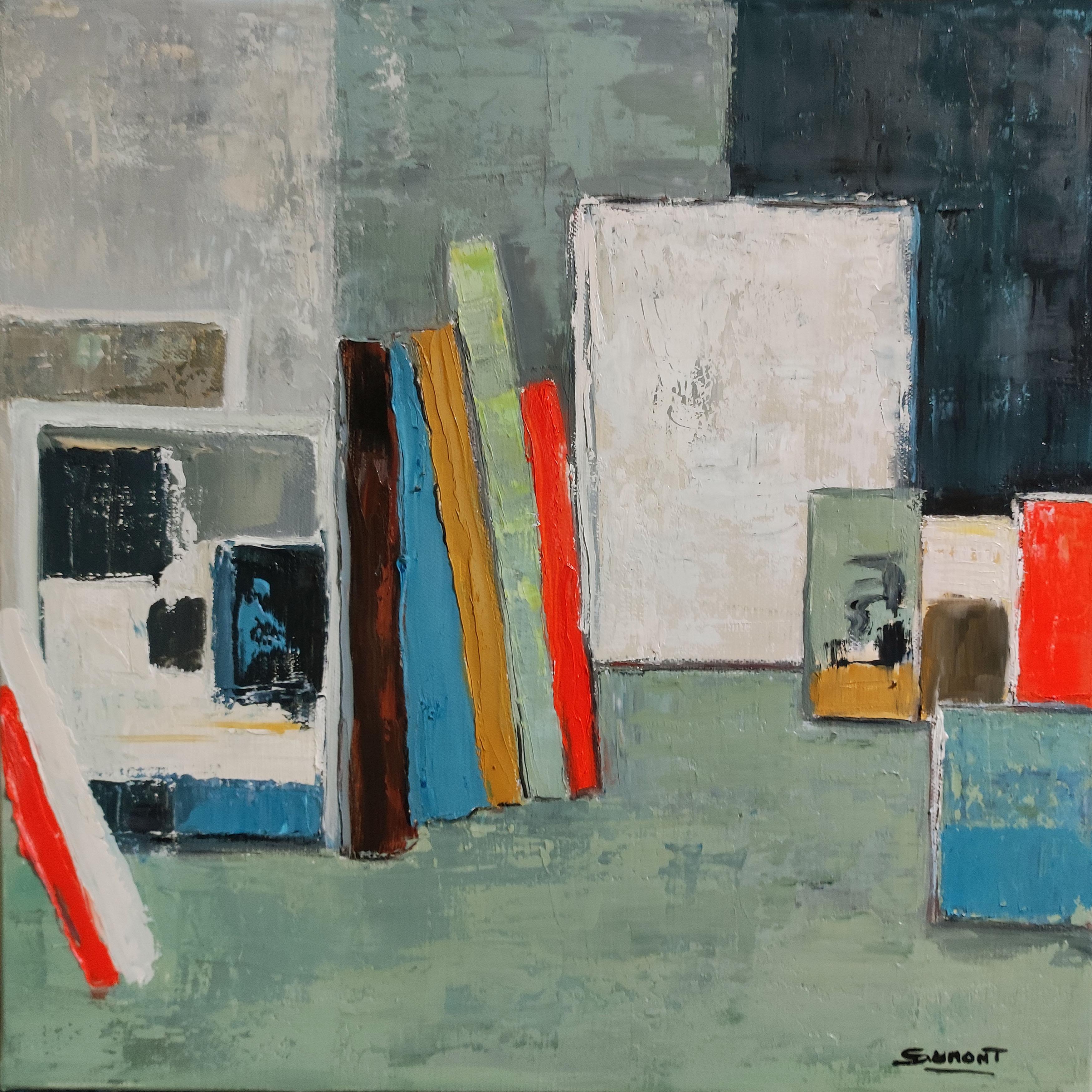 studio 15, abstract, green and red, oil on canvas Sophie Dumont, expressionism - Painting by SOPHIE DUMONT