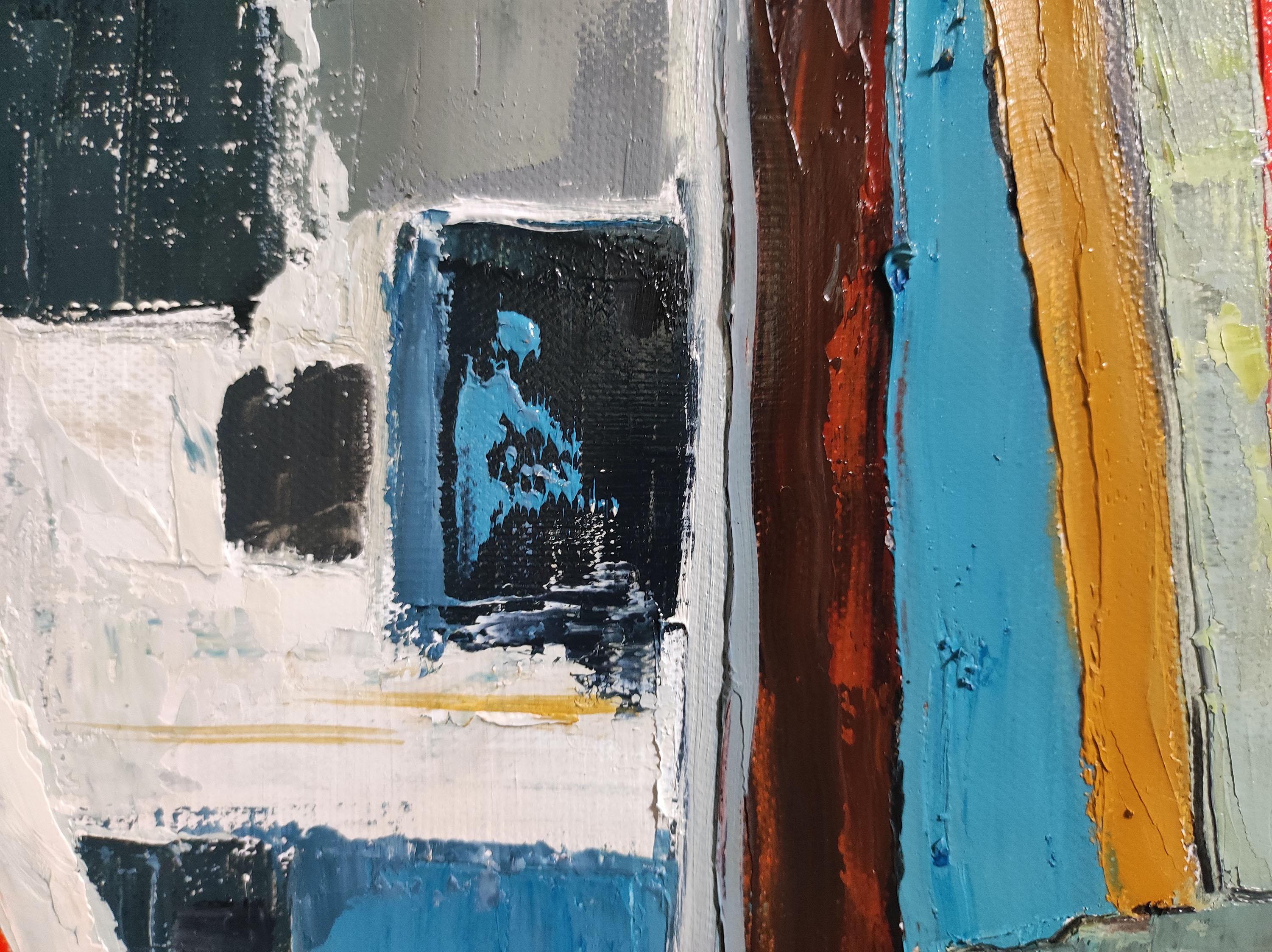 studio 15, abstract, green and red, oil on canvas Sophie Dumont, expressionism - Abstract Geometric Painting by SOPHIE DUMONT