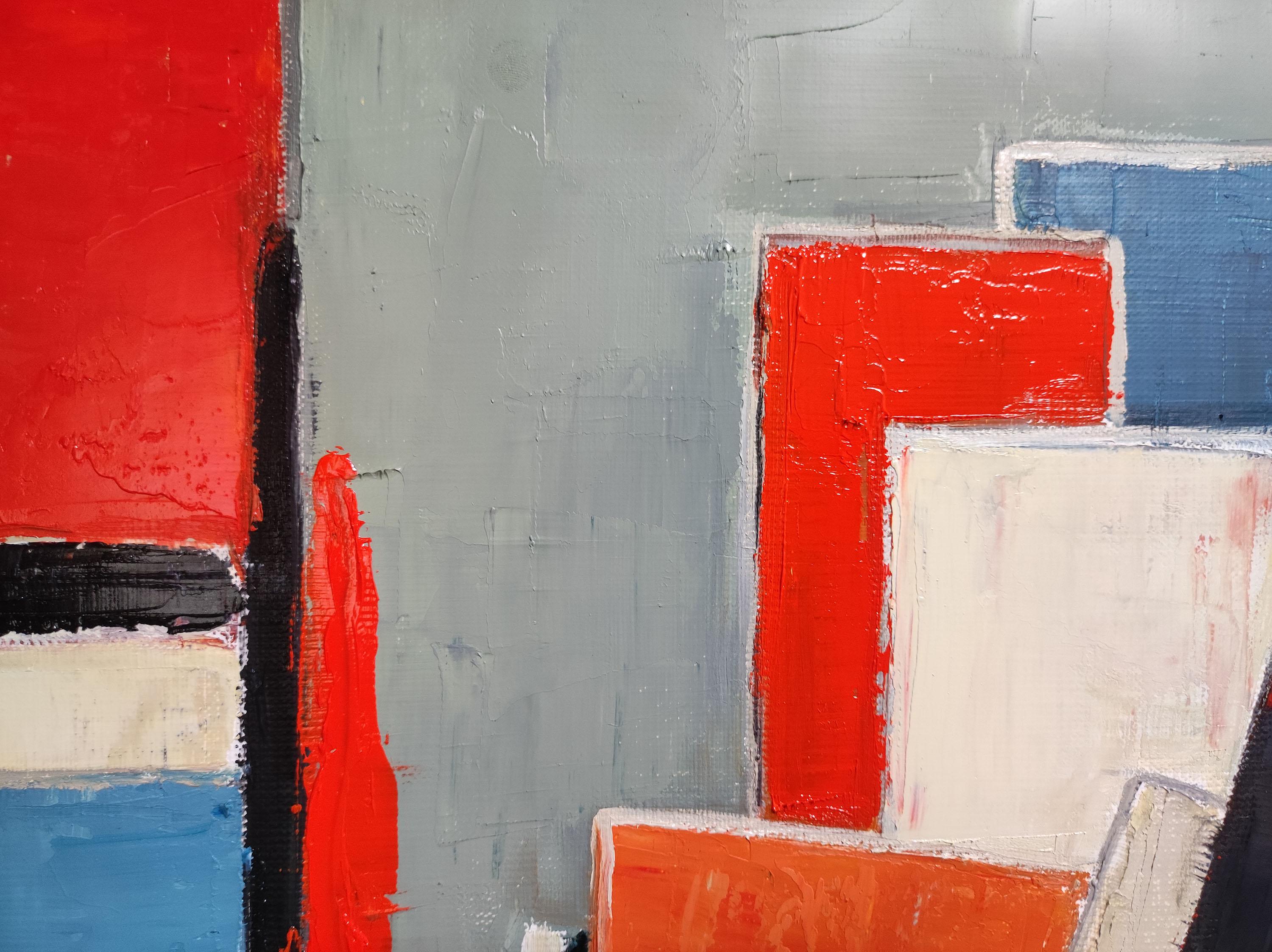 studio 16, red abstract; geometric, texture, oil on linen canvas - Abstract Geometric Painting by SOPHIE DUMONT