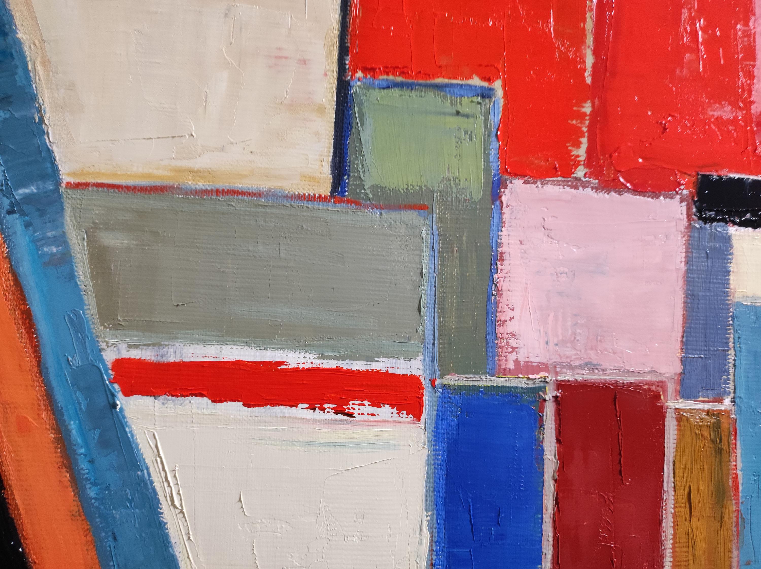 Sophie DUMONT's abstract is not a concept, it is an approach where each canvas is built around graphics put into perspective by color.

Painting of a red artist's studio where the canvases are placed pell-mell plunging us into the world of Sophie