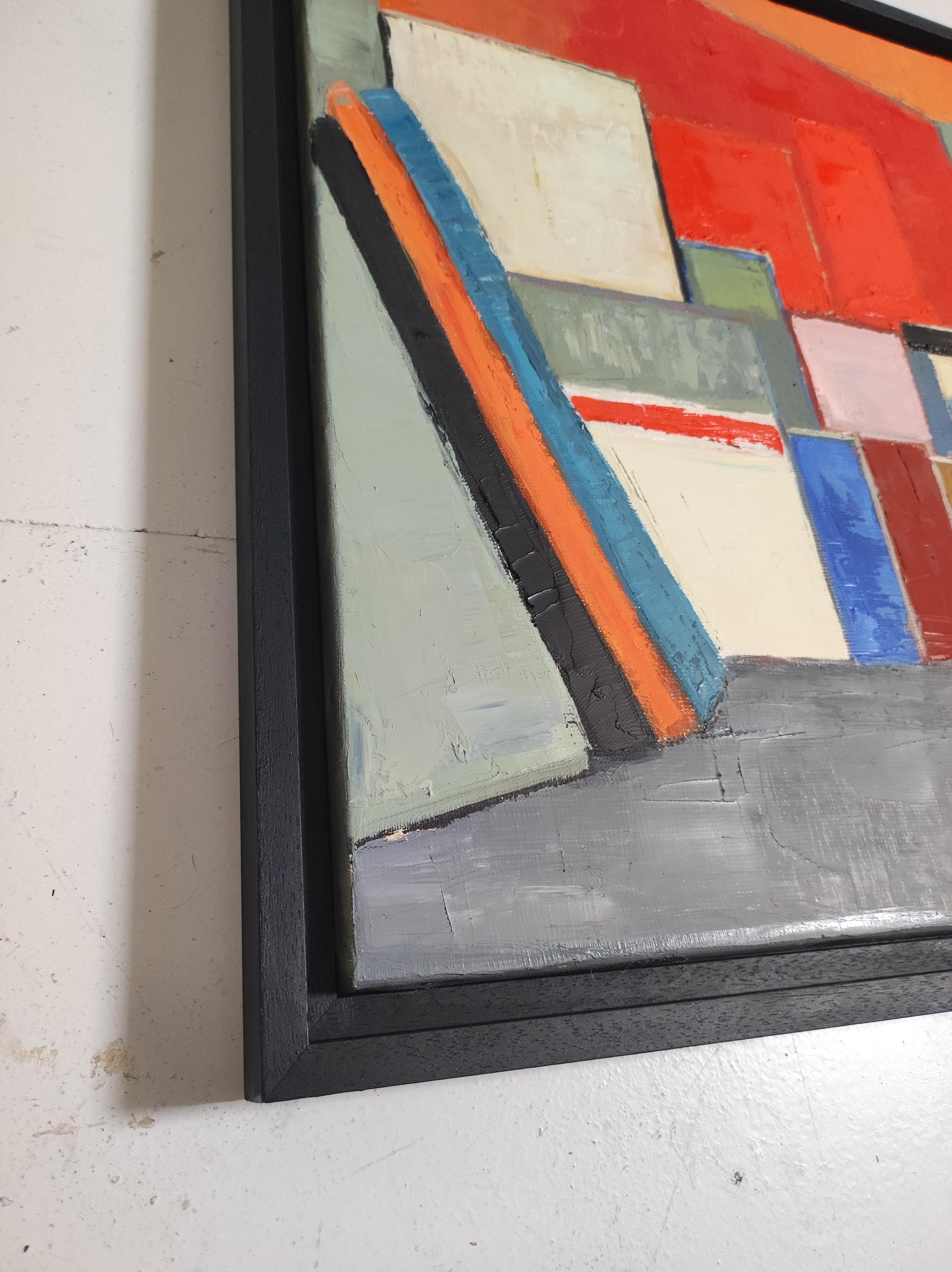 Atelier 16, rot abstrakt; geometrisch, strukturiert, Öl auf Leinen-Leinwand im Angebot 4