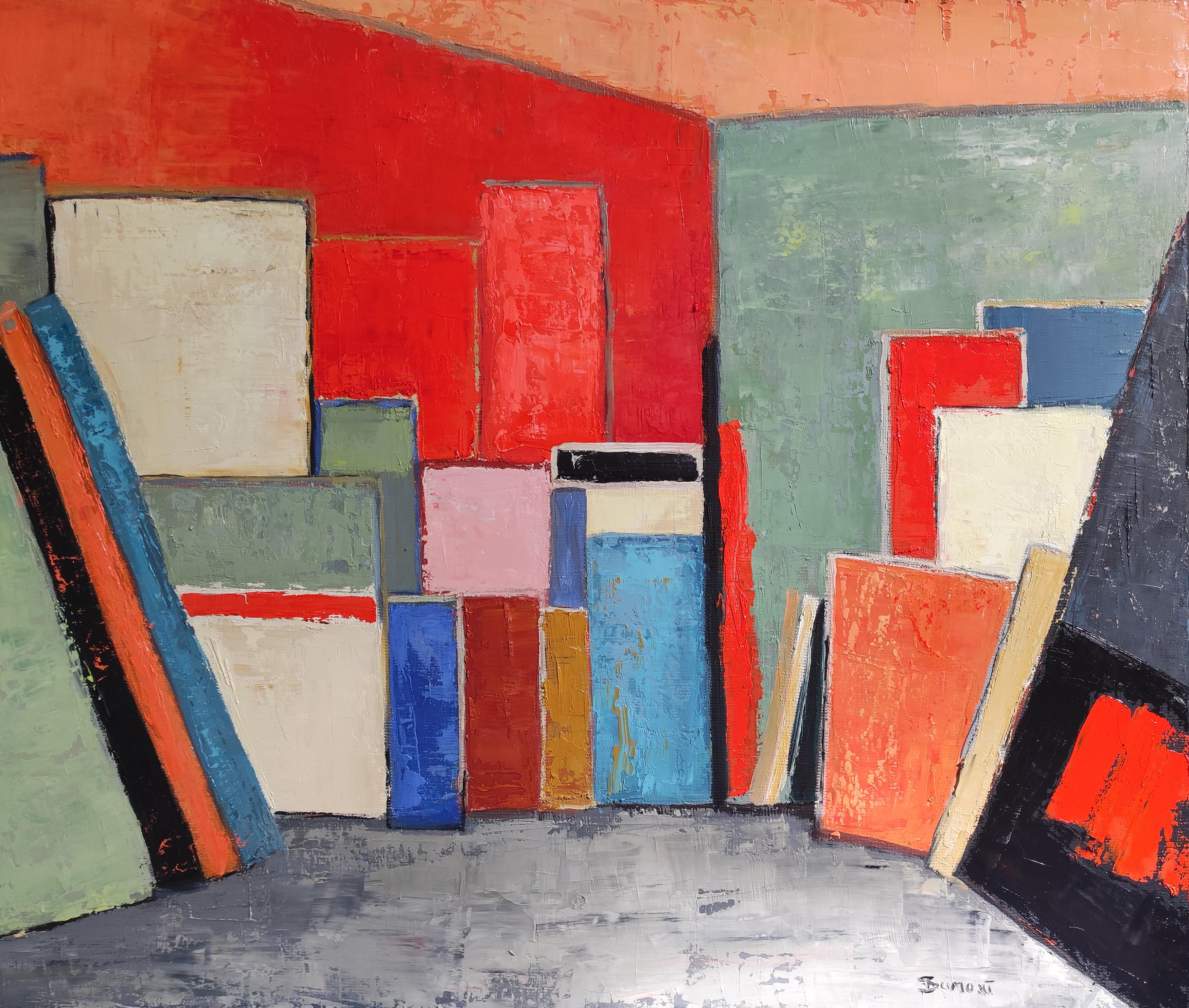 Atelier 16, rot abstrakt; geometrisch, strukturiert, Öl auf Leinen-Leinwand (Geometrische Abstraktion), Painting, von SOPHIE DUMONT