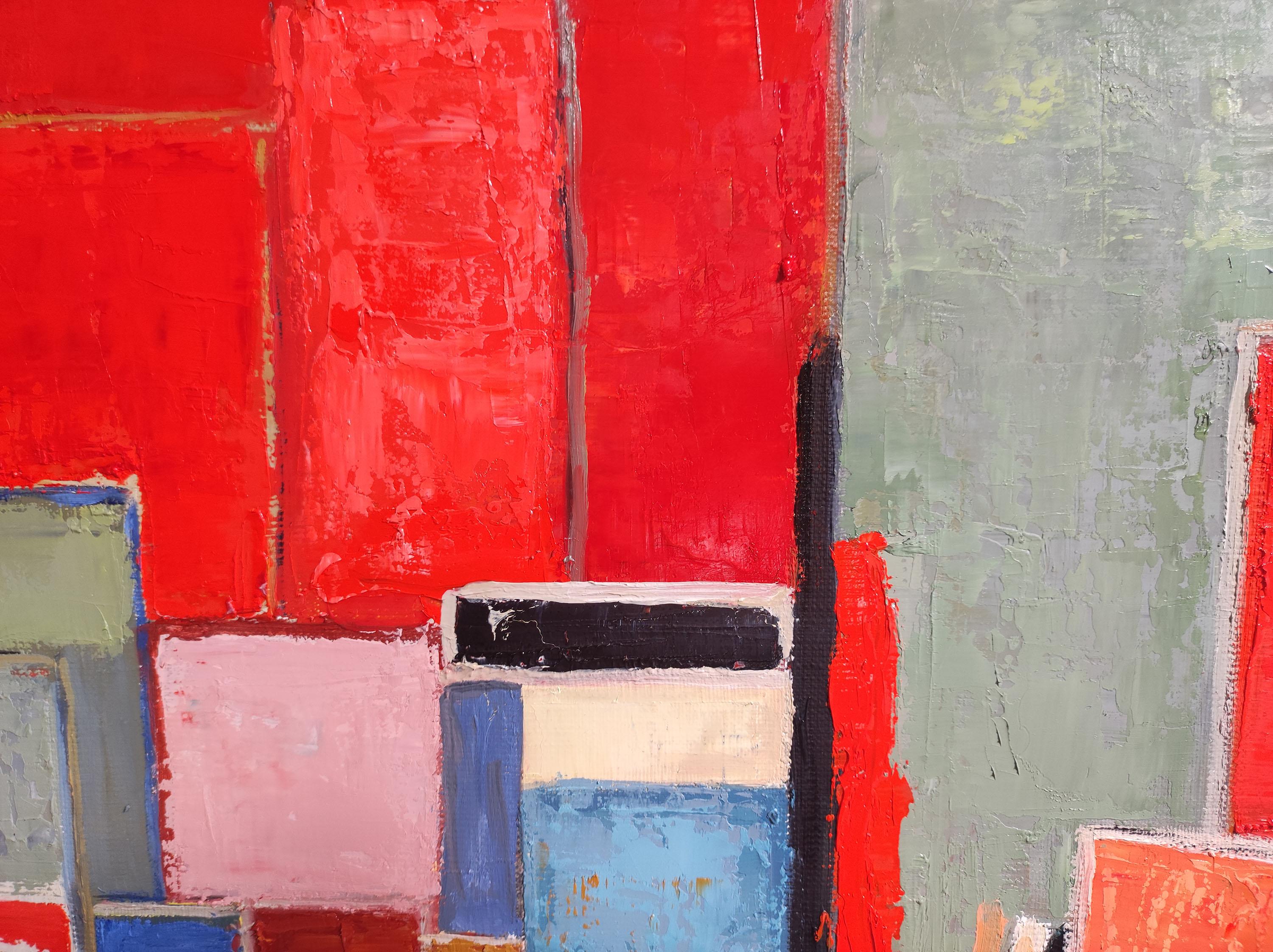 Atelier 16, rot abstrakt; geometrisch, strukturiert, Öl auf Leinen-Leinwand im Angebot 7
