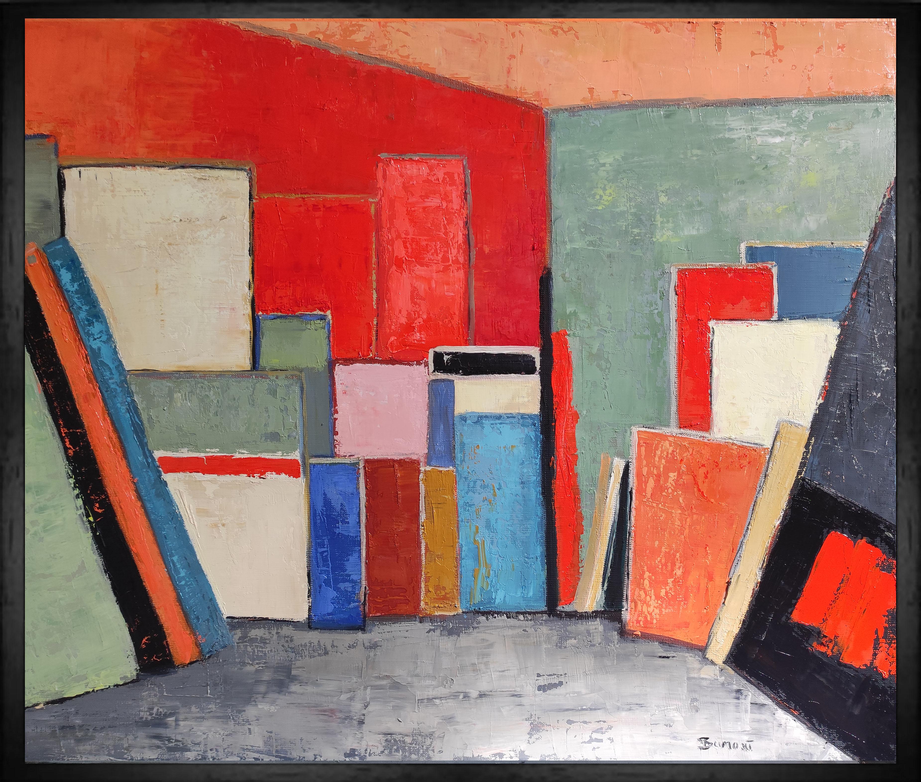 SOPHIE DUMONT Abstract Painting – Atelier 16, rot abstrakt; geometrisch, strukturiert, Öl auf Leinen-Leinwand
