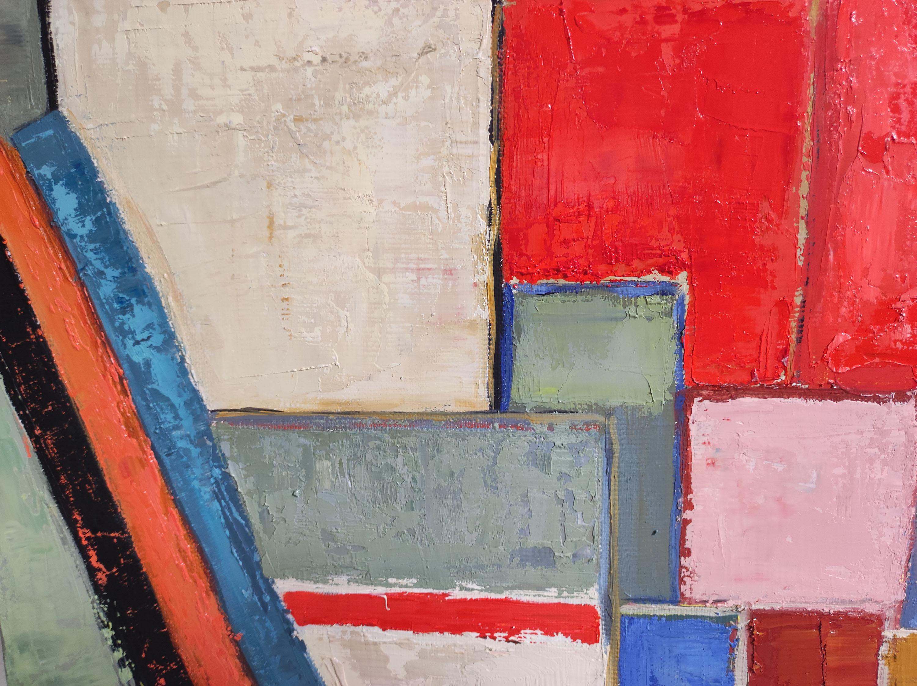 studio 16, red abstract; geometric, texture, oil on linen canvas For Sale 9