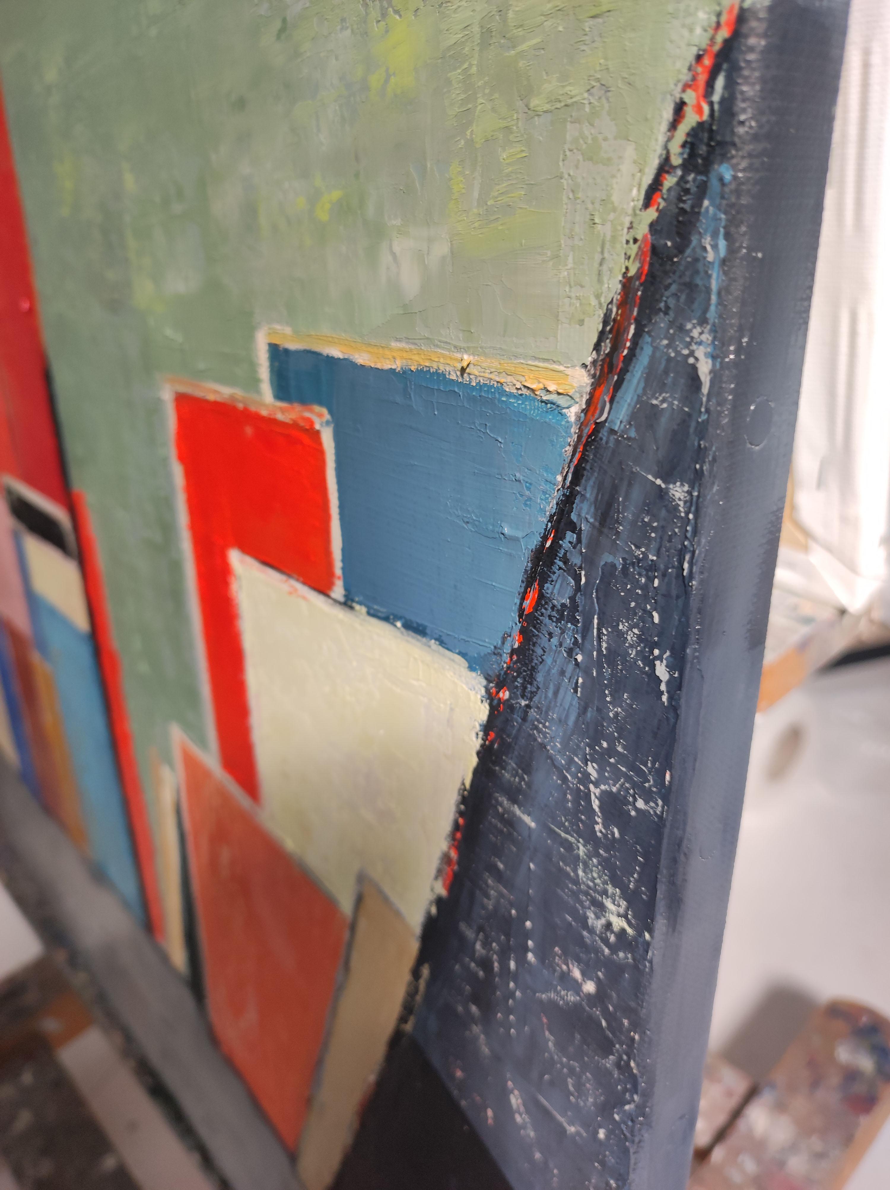 Atelier 16, rot abstrakt; geometrisch, strukturiert, Öl auf Leinen-Leinwand im Angebot 11