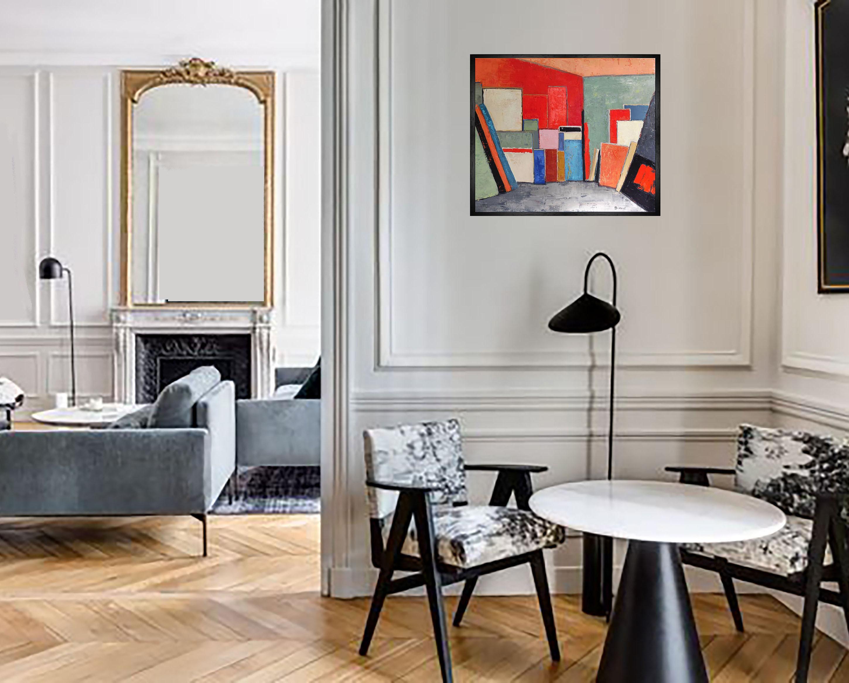 Atelier 16, rot abstrakt; geometrisch, strukturiert, Öl auf Leinen-Leinwand – Painting von SOPHIE DUMONT