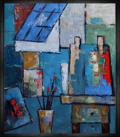 studio 7, blue abstract, oil on canvas, contempory, expressionism, french art