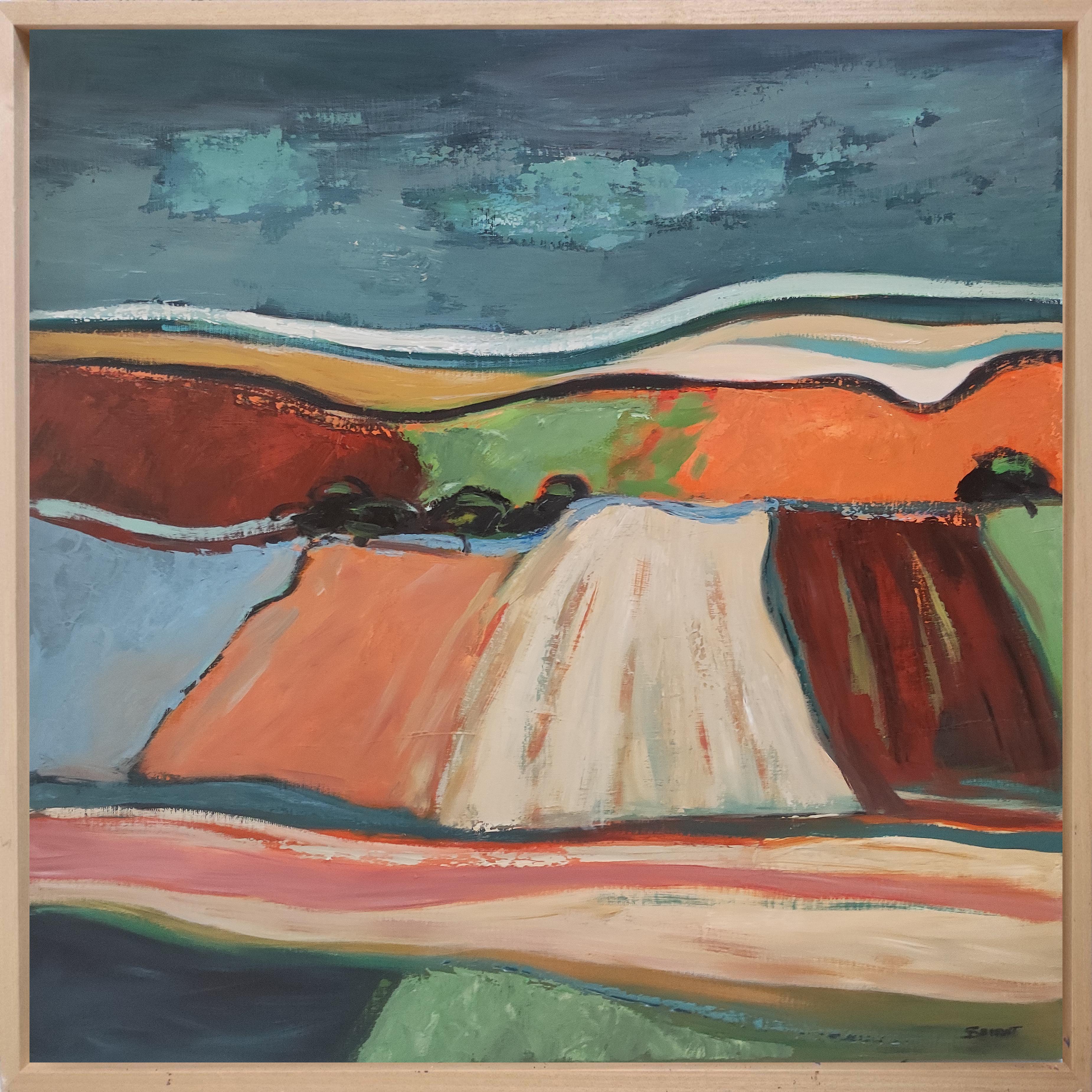 Couleurs d'été, paysage de campagne, orange, vert, abstrait, expressionnisme - Expressionnisme abstrait Painting par SOPHIE DUMONT