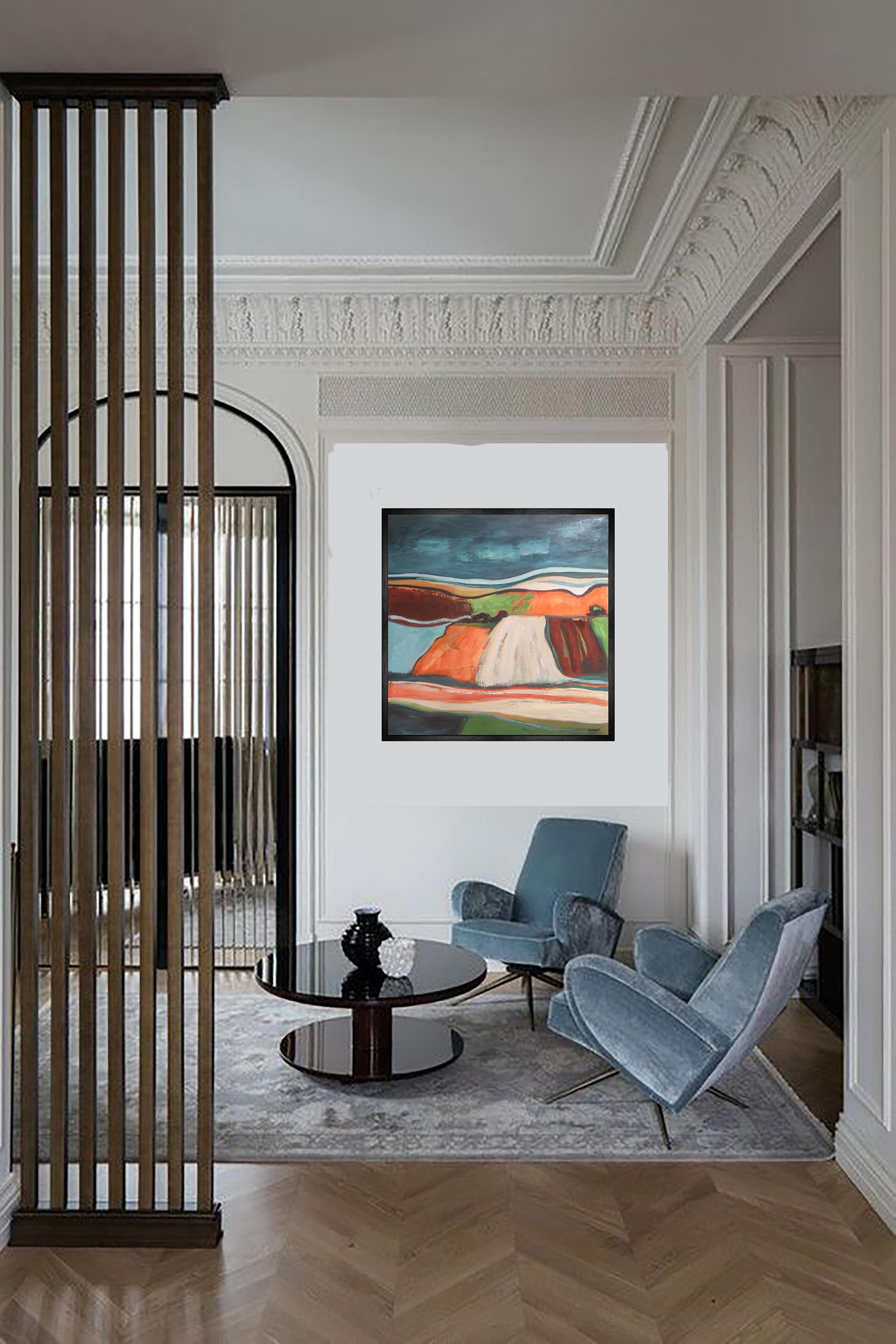 Paysage abstrait coloré à l'huile et au couteau à palette. L'artiste explore les frontières de l'expressionnisme abstrait. Le paysage évolue en modulations aux contours flous, pour suggérer des volumes plus que pour dessiner un motif précis. La