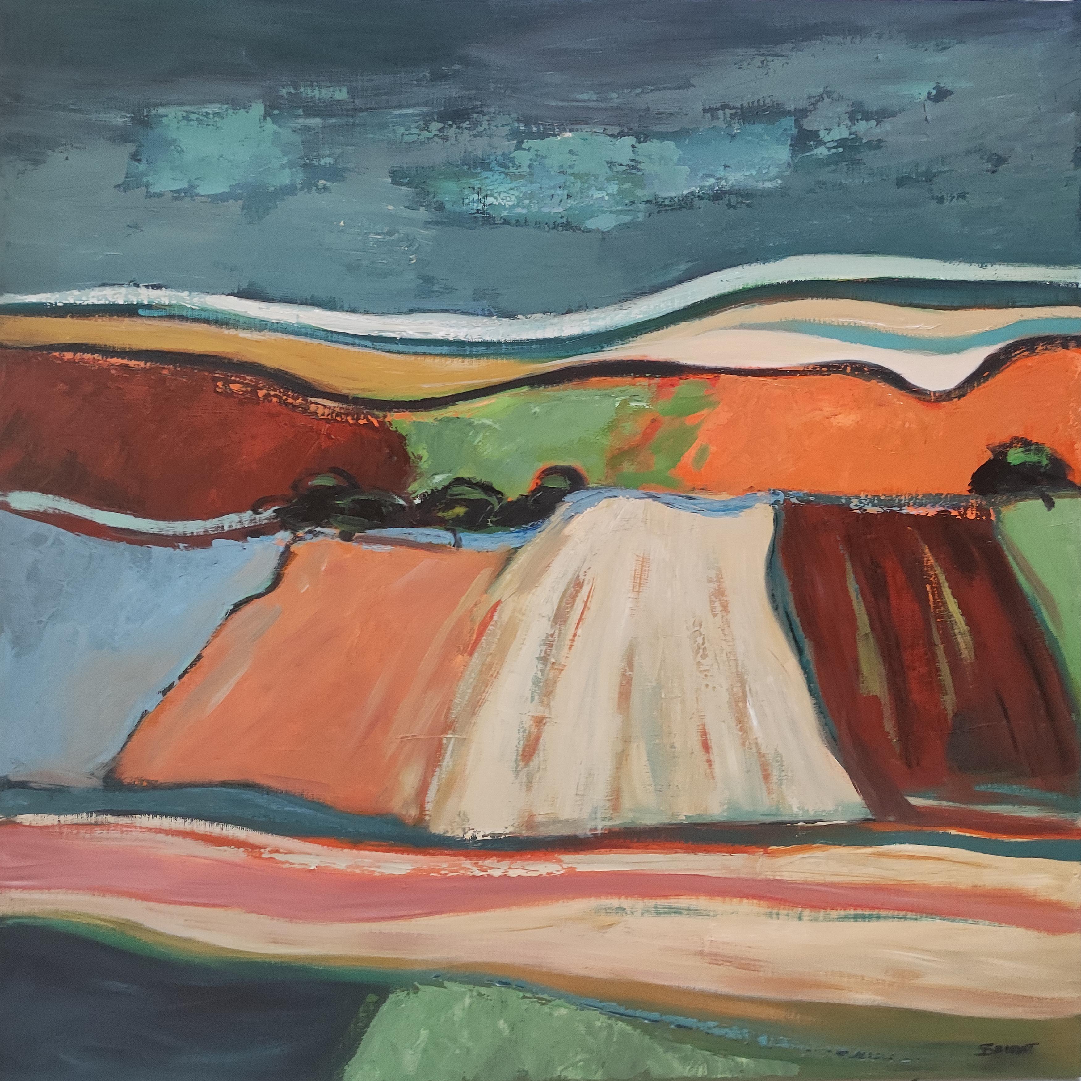 Couleurs d'été, paysage de campagne, orange, vert, abstrait, expressionnisme - Gris Abstract Painting par SOPHIE DUMONT