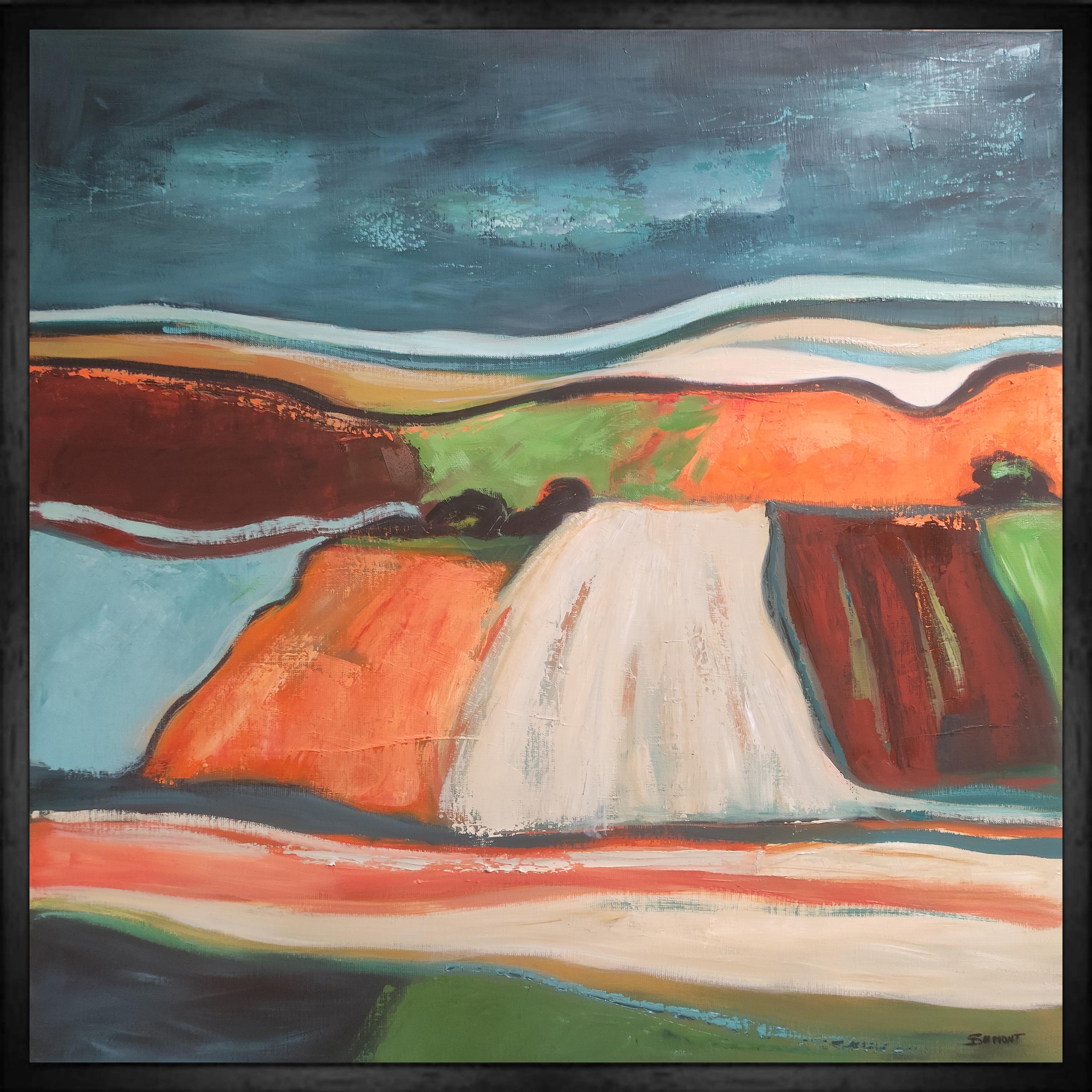 Couleurs d'été, paysage de campagne, orange, vert, abstrait, expressionnisme - Painting de SOPHIE DUMONT
