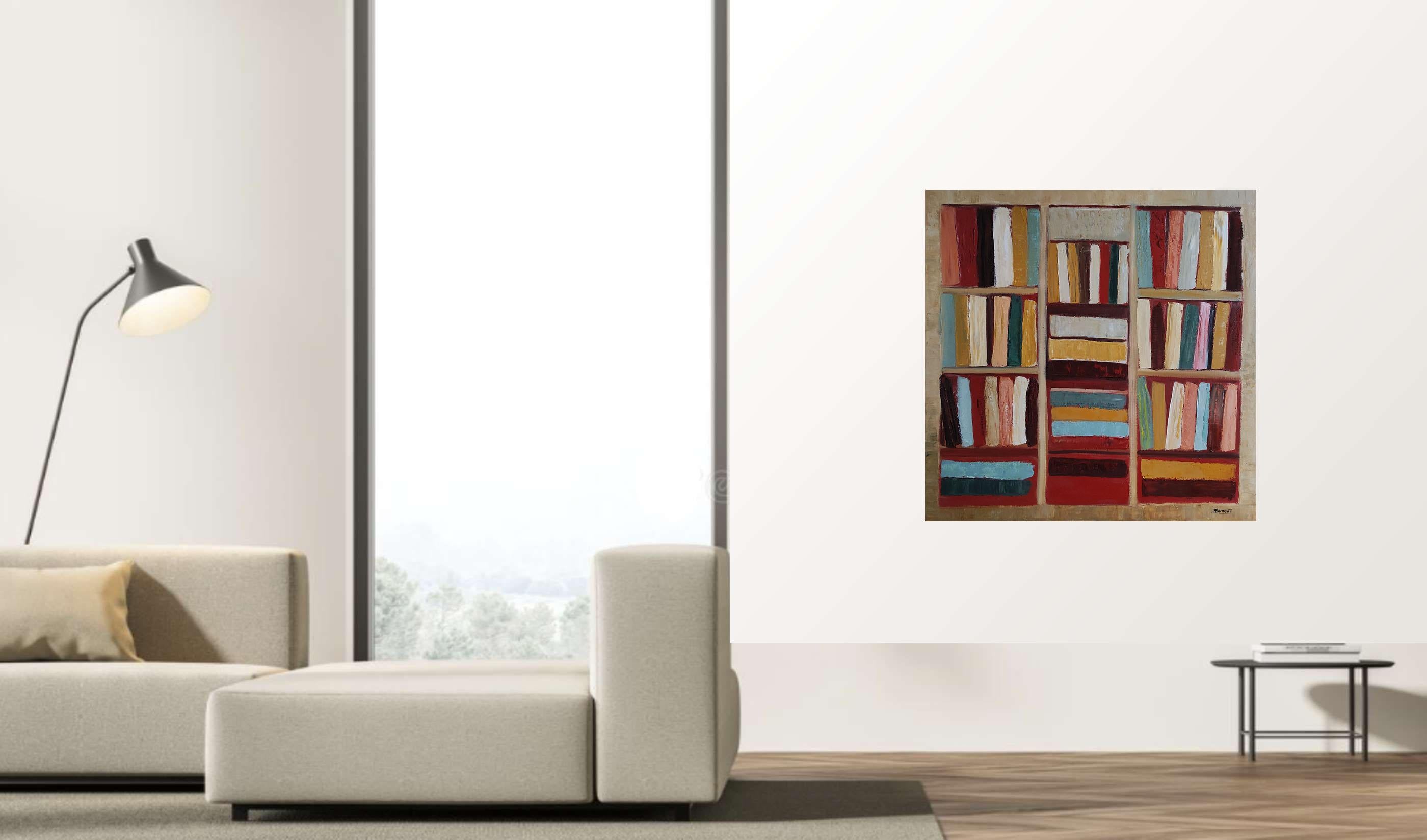 tales, abstract geometric still life, books, library, oil on canvas, modern For Sale 6